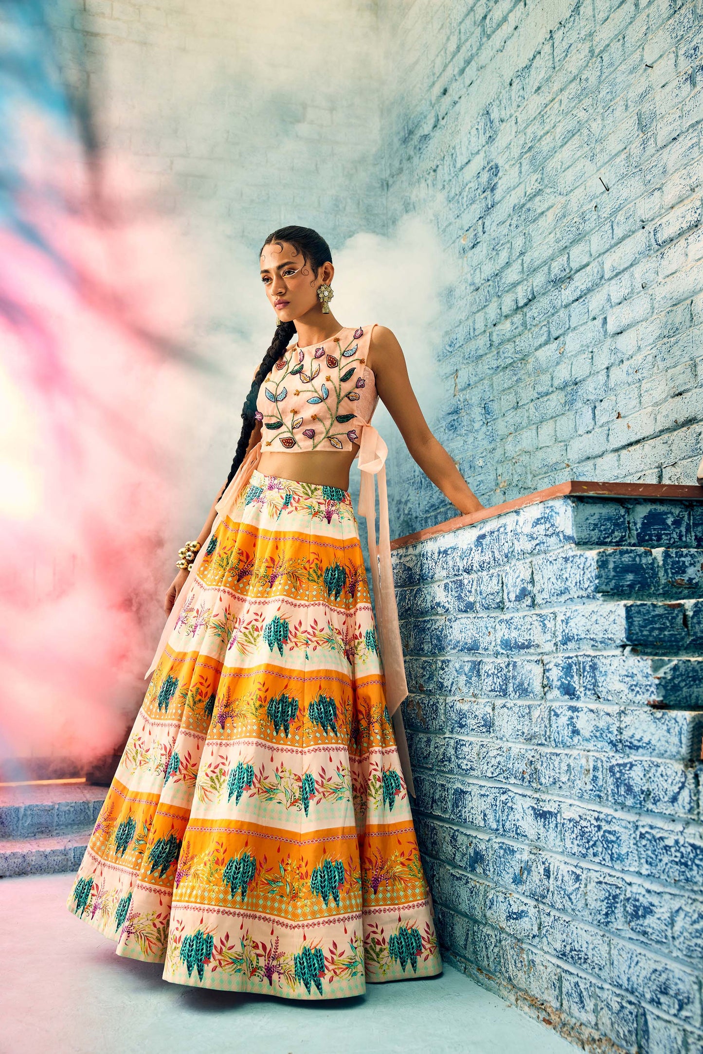 Multi-color Crepe Skirt with Elegant Sequine Work Top