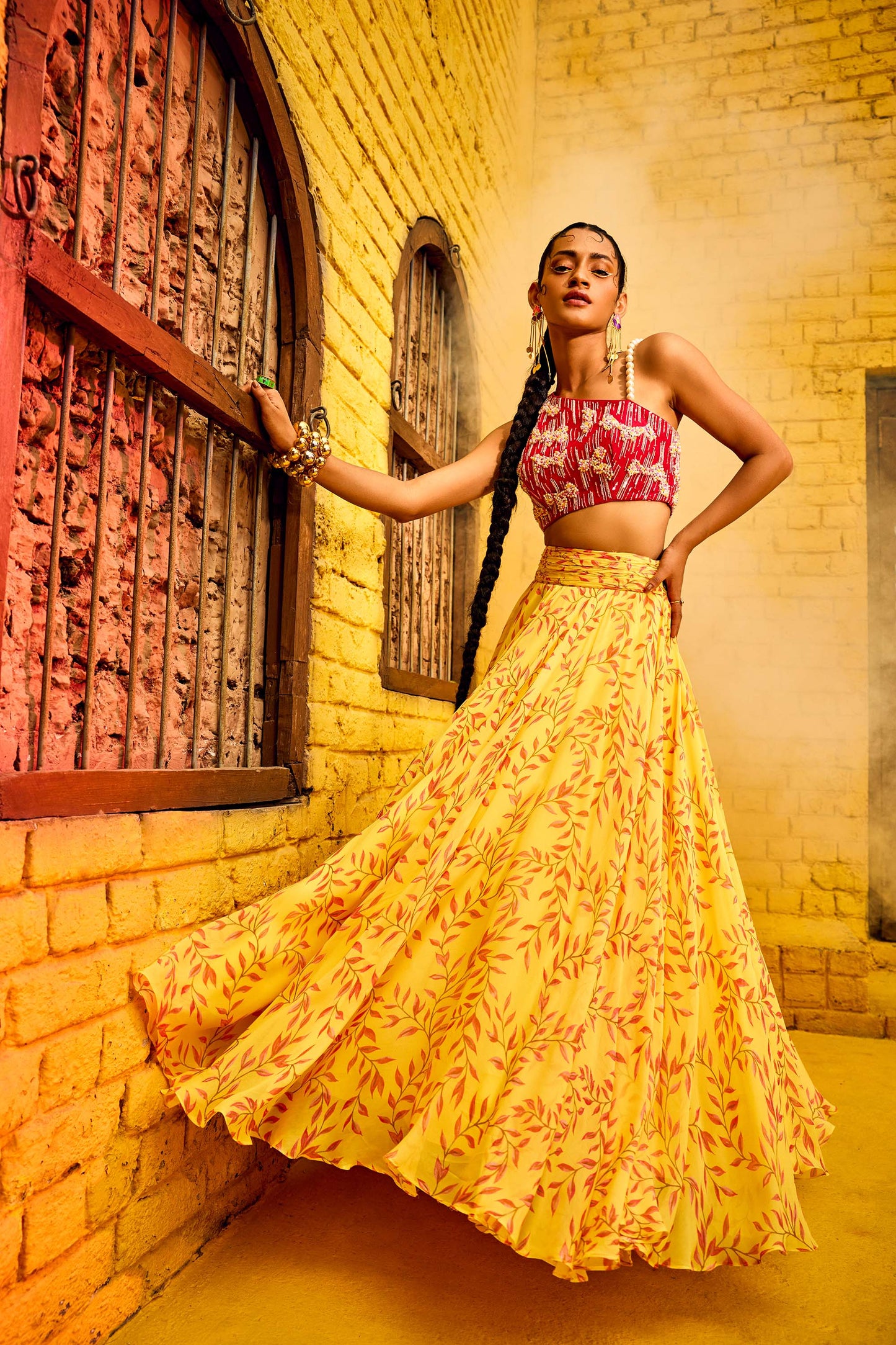 Embellished One-shoulder yellow Top with Printed Skirt in Georgette