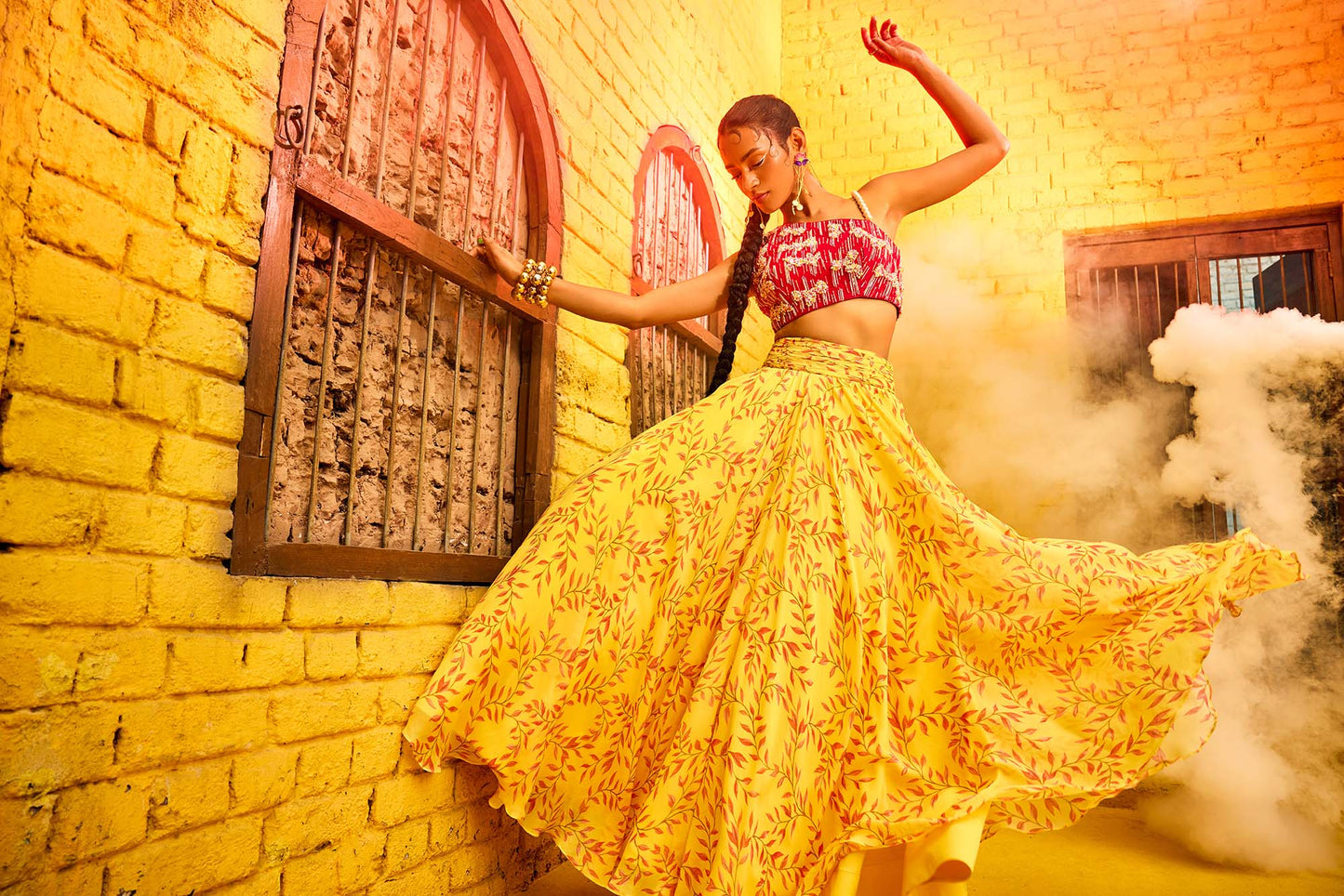 Embellished One-shoulder yellow Top with Printed Skirt in Georgette