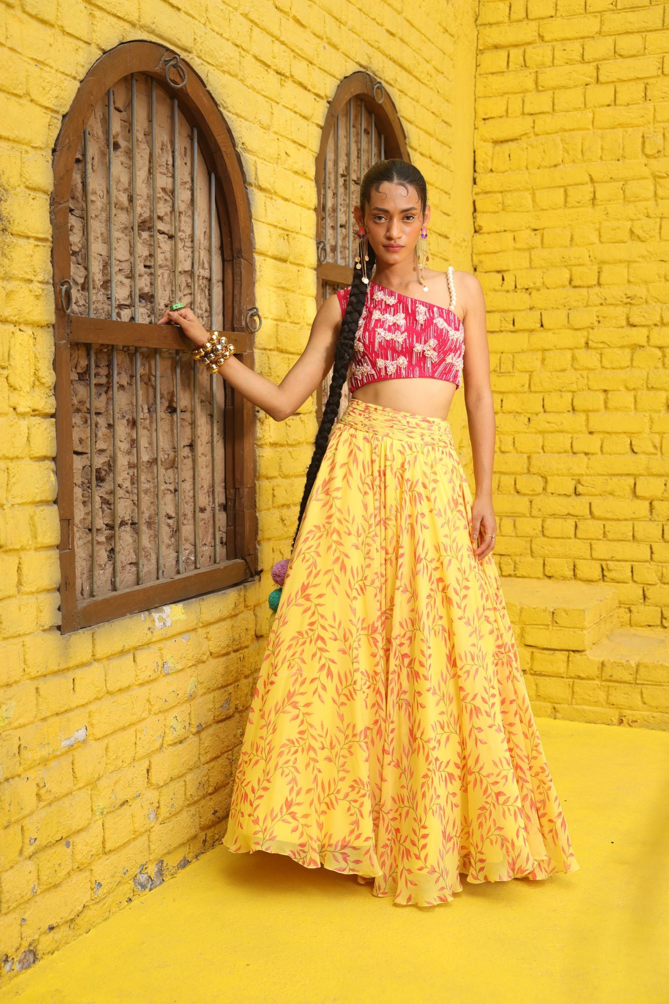 Embellished One-shoulder yellow Top with Printed Skirt in Georgette