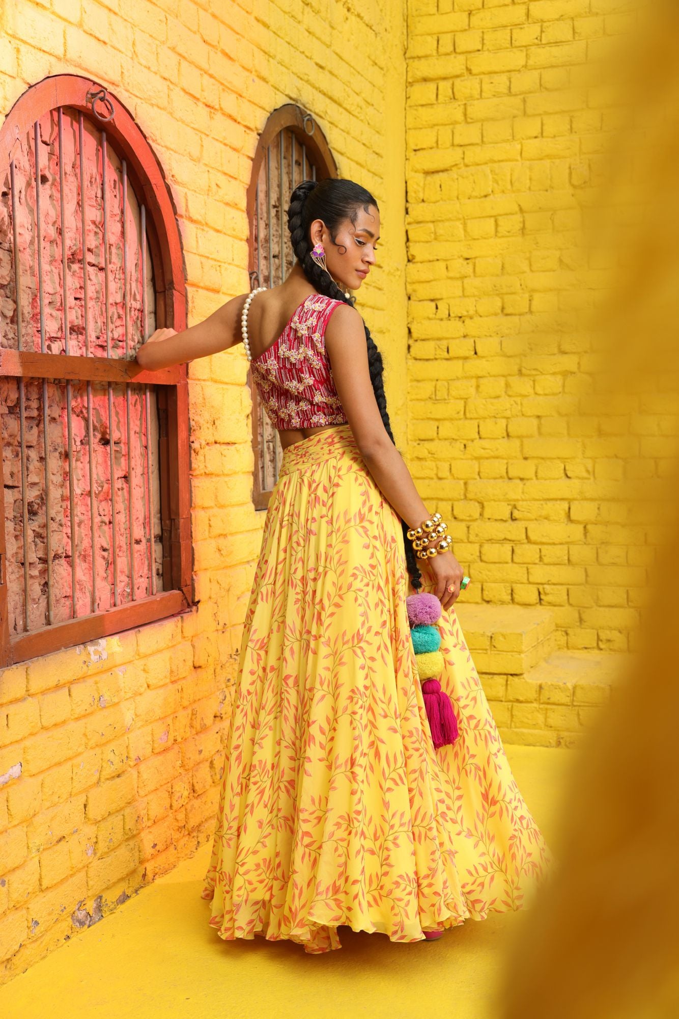 Embellished One-shoulder yellow Top with Printed Skirt in Georgette