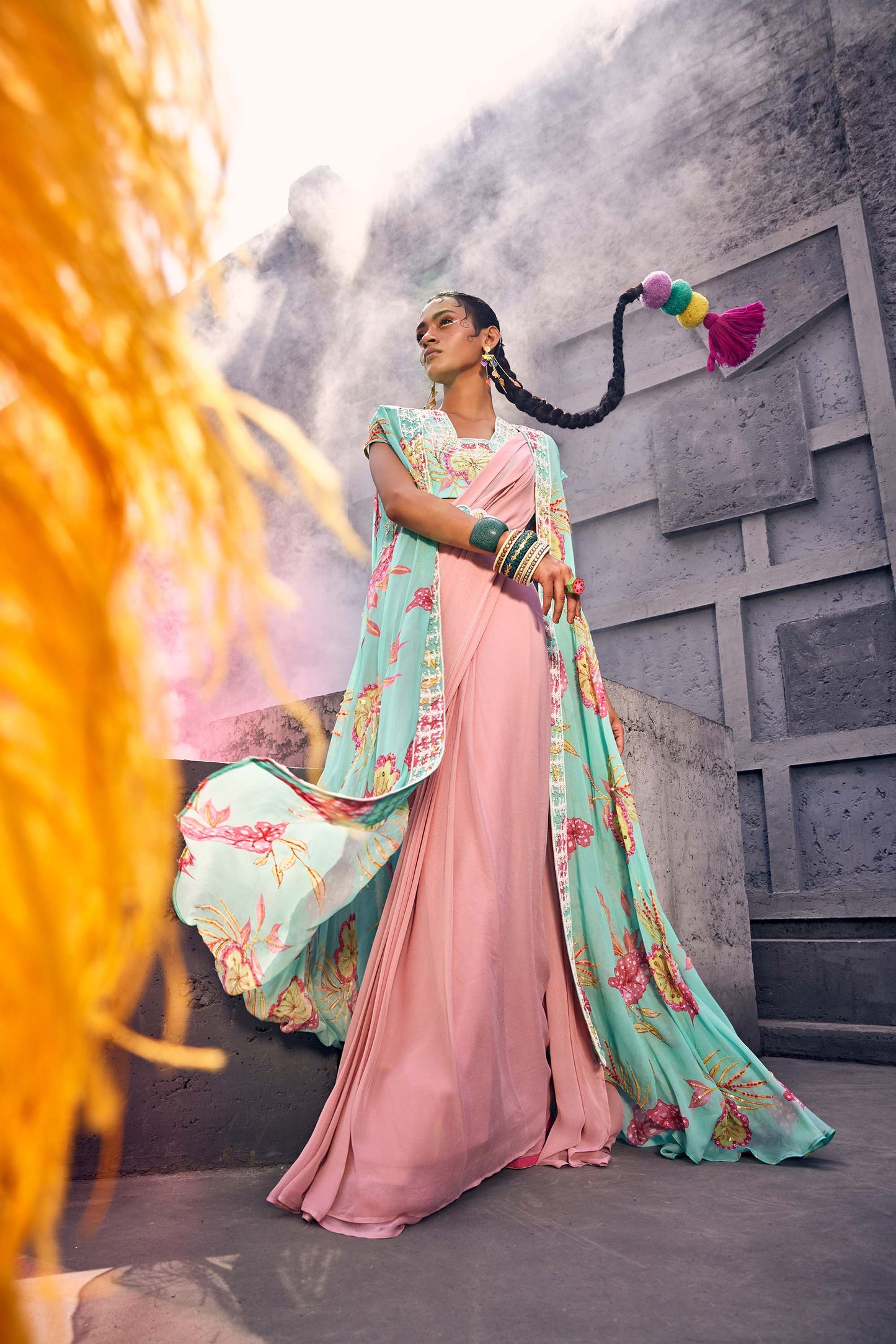 Drape-style Pastel Pink Saree with Cape & Bustier in Teal Blue