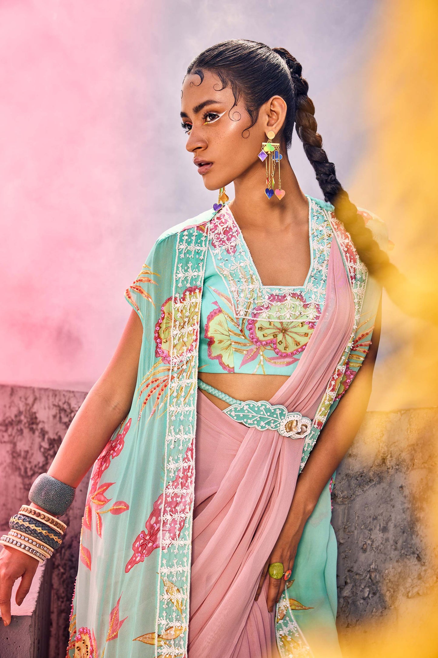 Drape-style Pastel Pink Saree with Cape & Bustier in Teal Blue