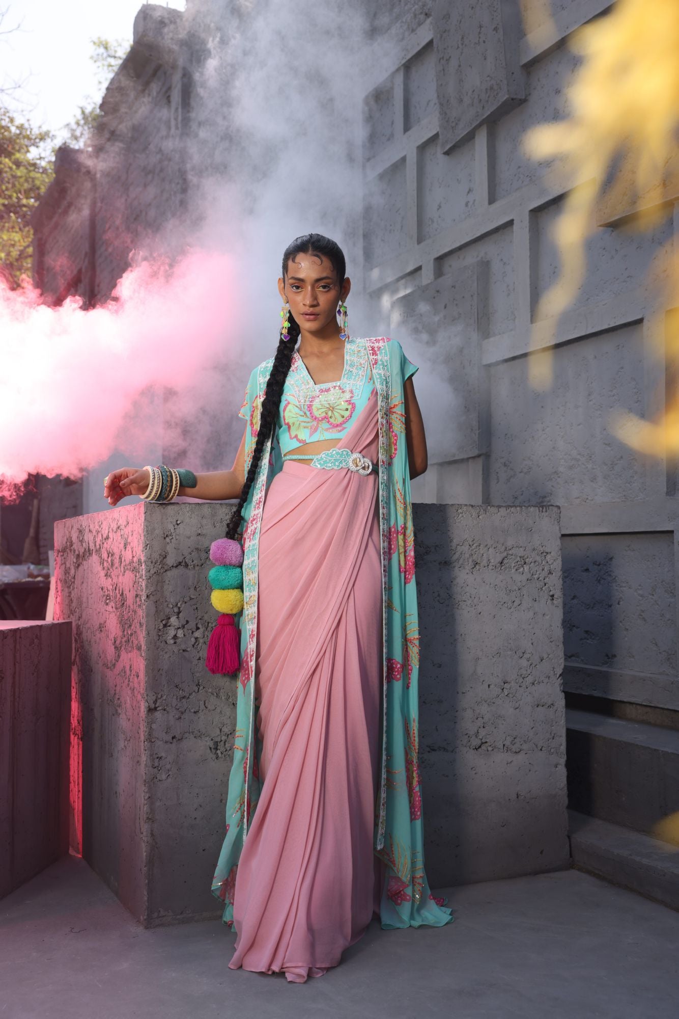 Drape-style Pastel Pink Saree with Cape & Bustier in Teal Blue