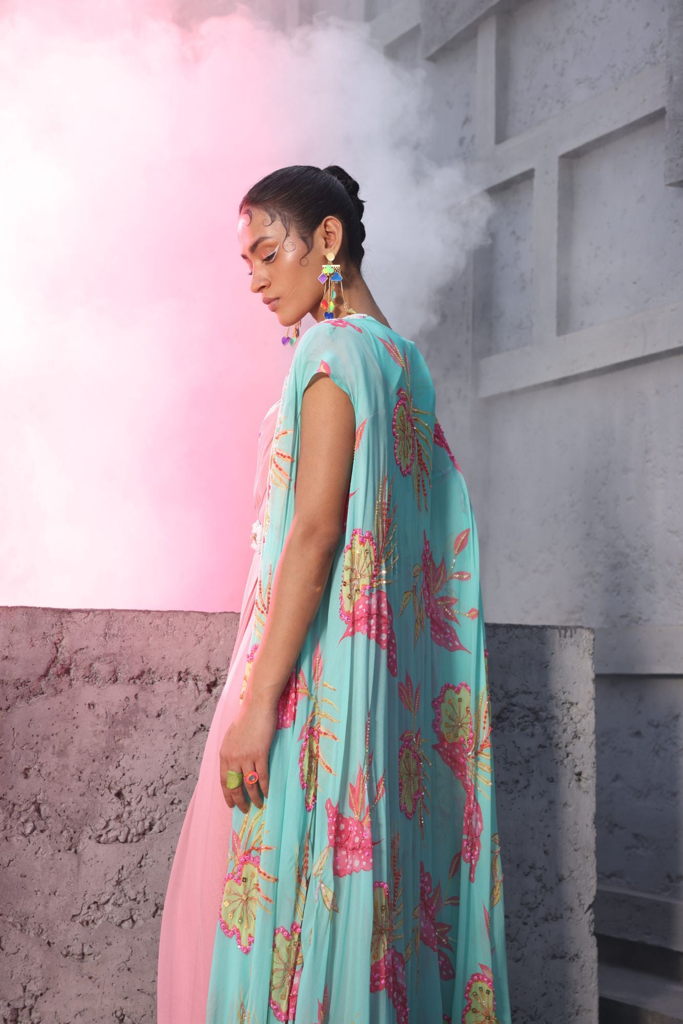 Drape-style Pastel Pink Saree with Cape & Bustier in Teal Blue