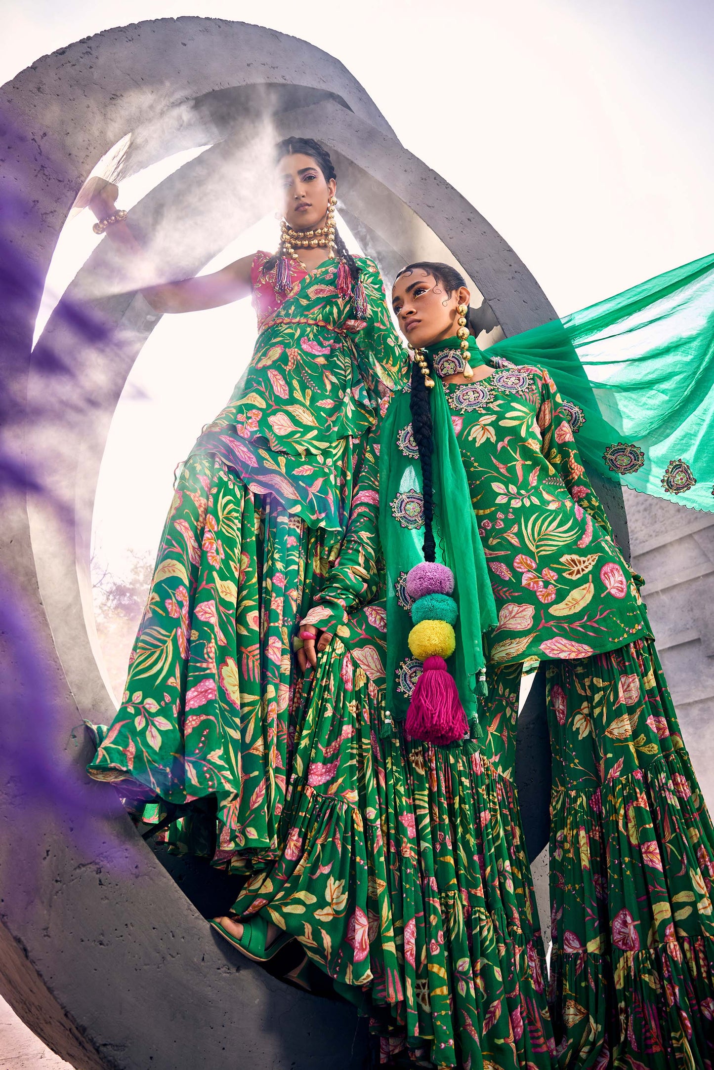 Pine Green Ruffle Style Saree in Printed Georgette