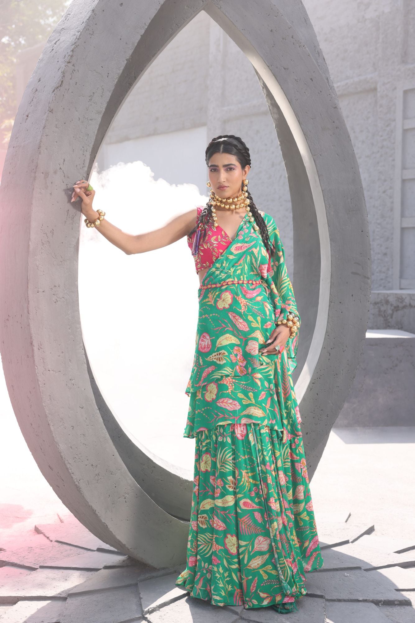 Pine Green Ruffle Style Saree in Printed Georgette