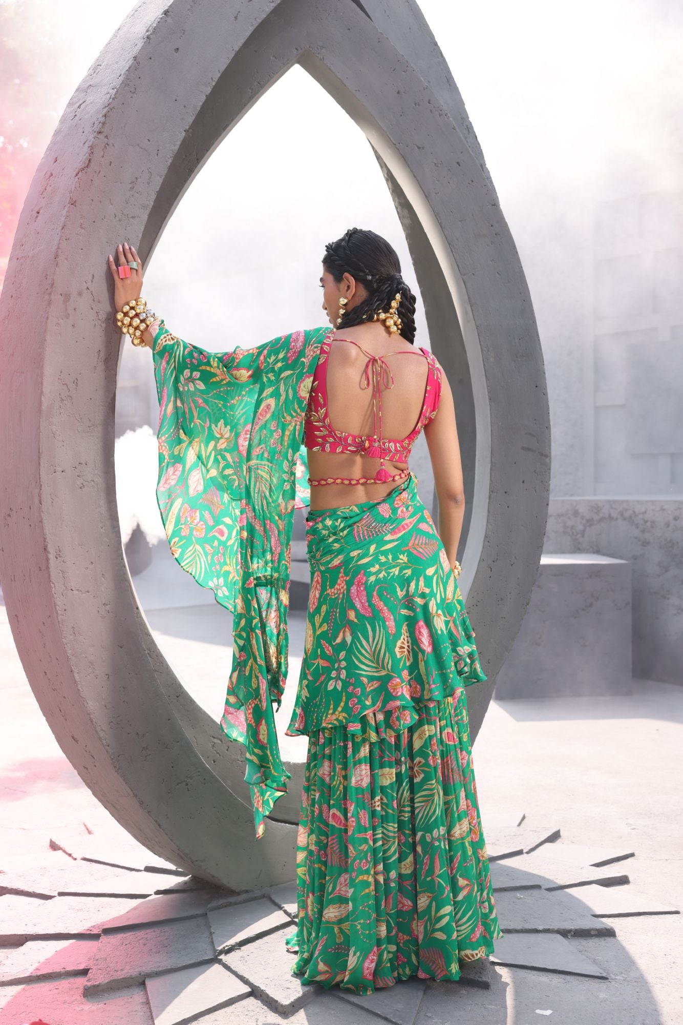 Pine Green Ruffle Style Saree in Printed Georgette