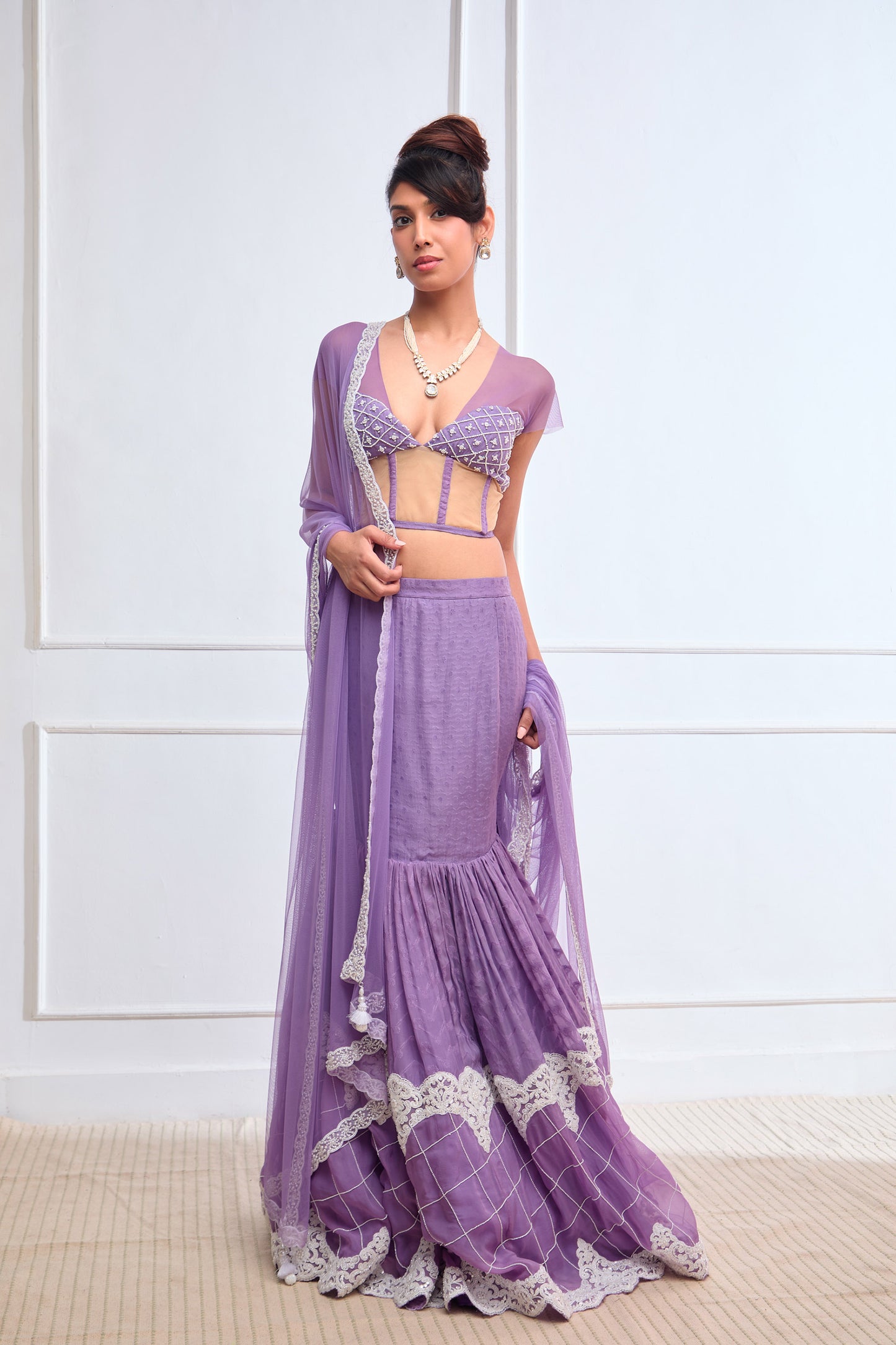 Purple Organza jamdani corset blouse and fish cut lehenga set