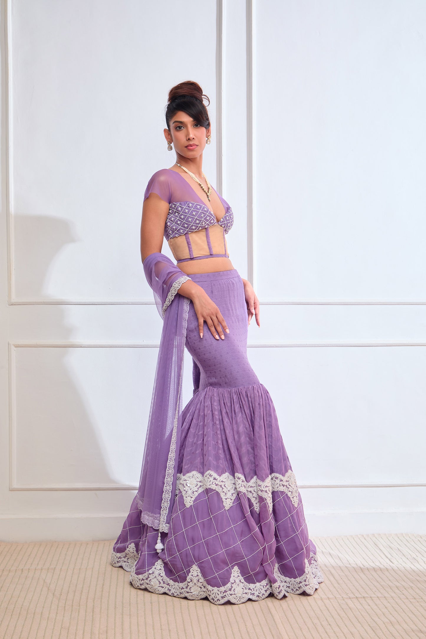 Purple Organza jamdani corset blouse and fish cut lehenga set