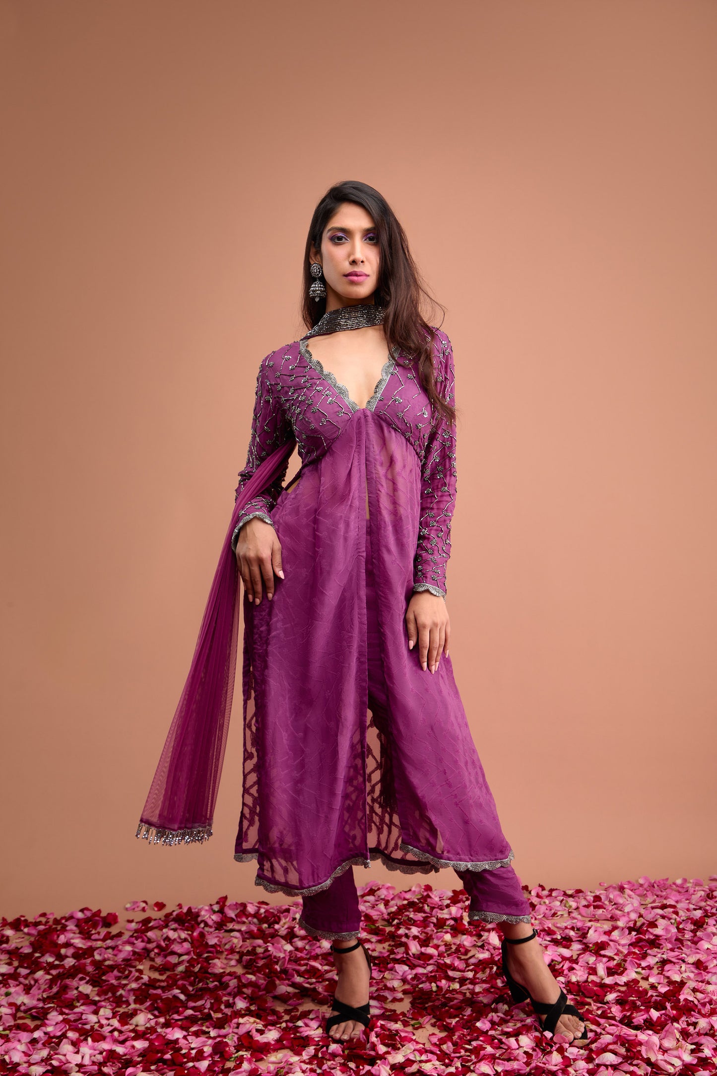 Purple Organza jamdani straight fit suit set