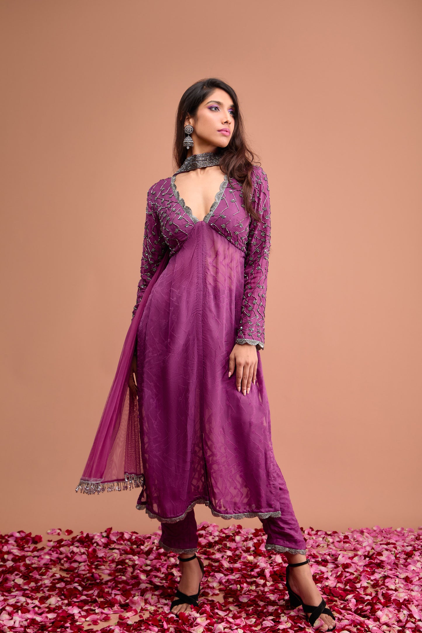 Purple Organza jamdani straight fit suit set