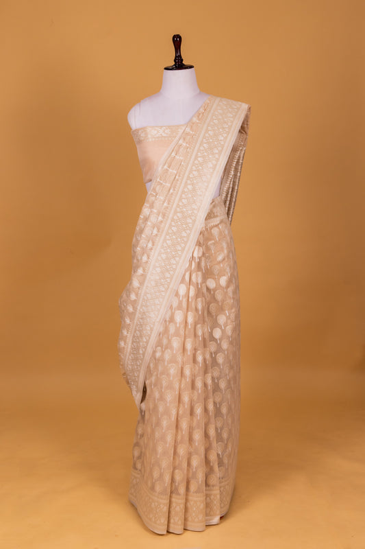 Beige Banarasi Cotton Cutwork Saree