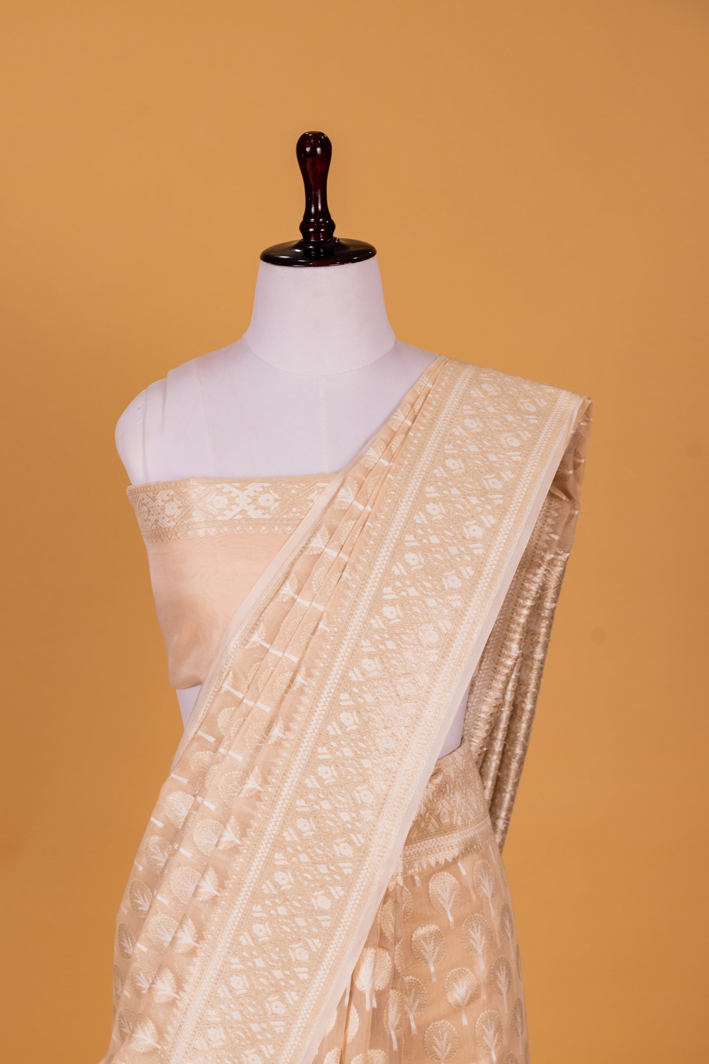 Beige Banarasi Cotton Cutwork Saree