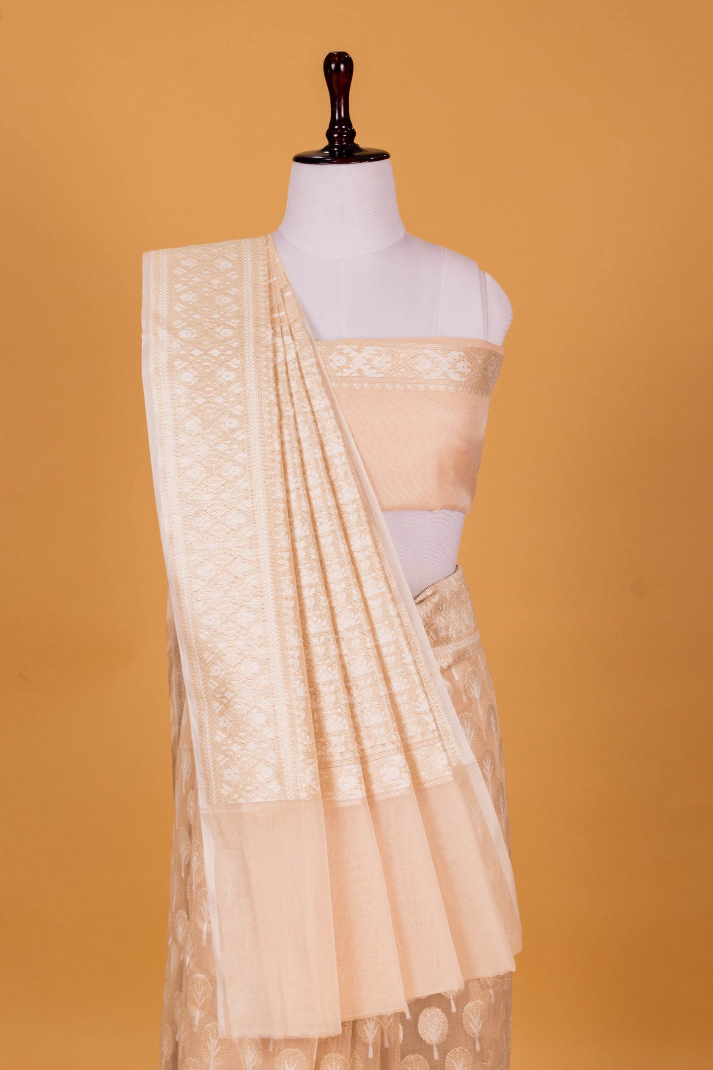 Beige Banarasi Cotton Cutwork Saree