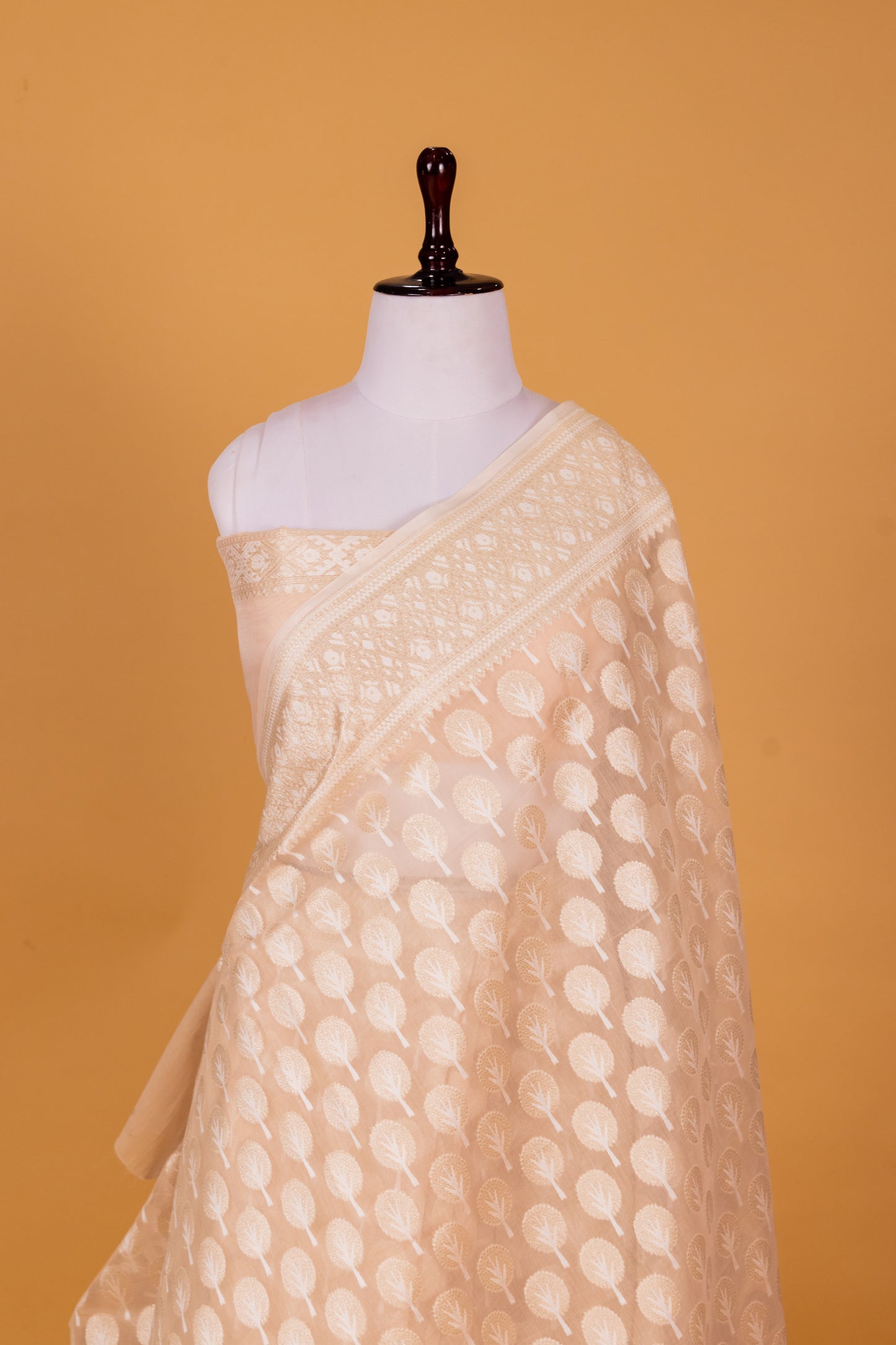 Beige Banarasi Cotton Cutwork Saree