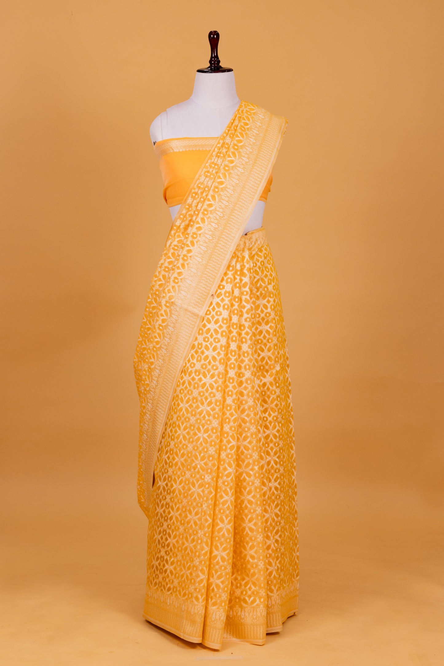 Yellow Banarasi Cotton Cutwork Saree