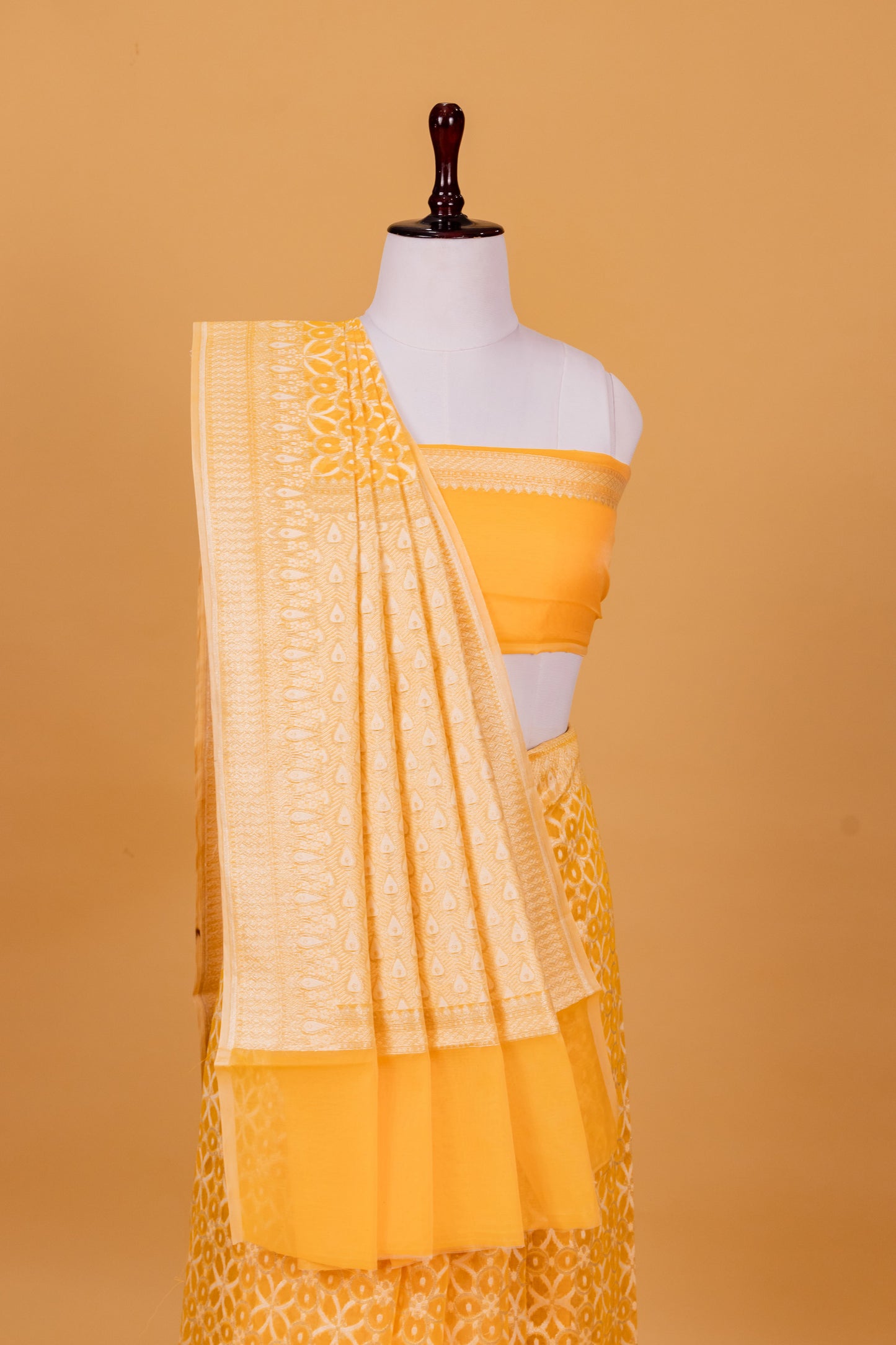 Yellow Banarasi Cotton Cutwork Saree