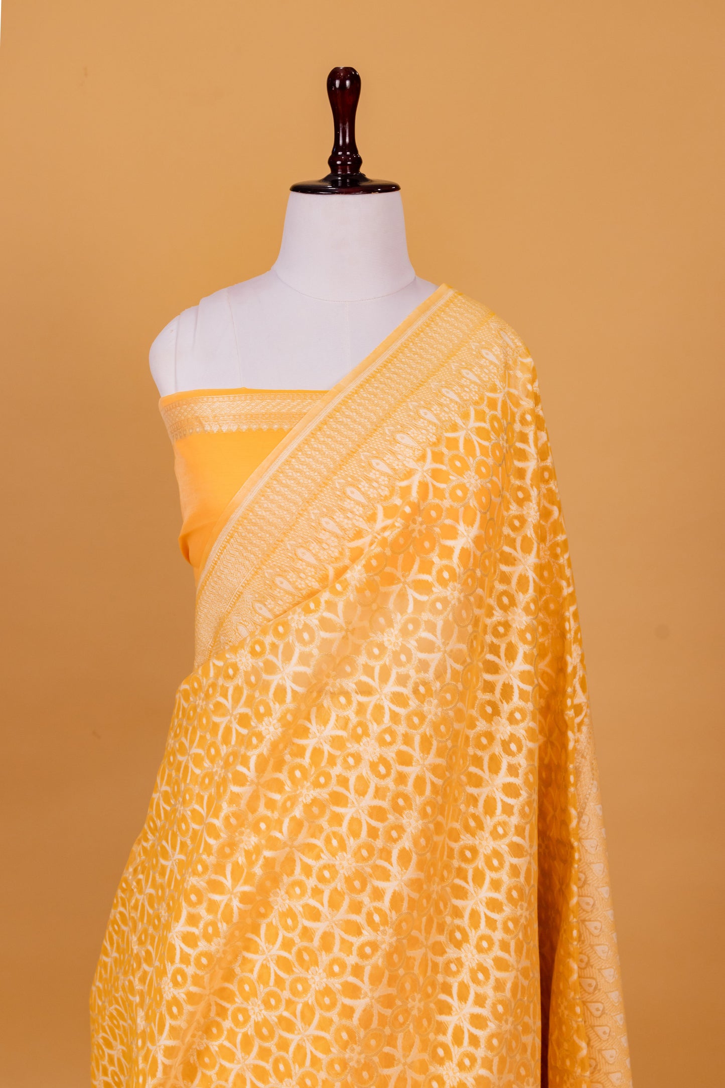 Yellow Banarasi Cotton Cutwork Saree