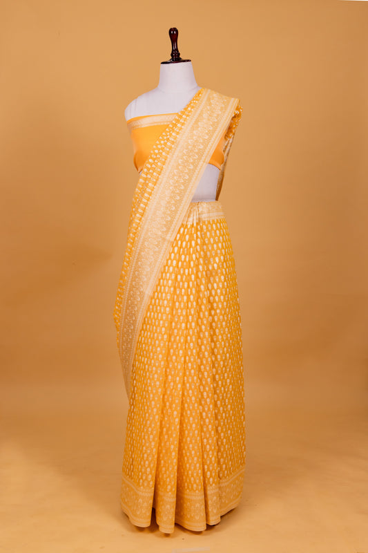 Yellow Banarasi Cotton Cutwork Saree