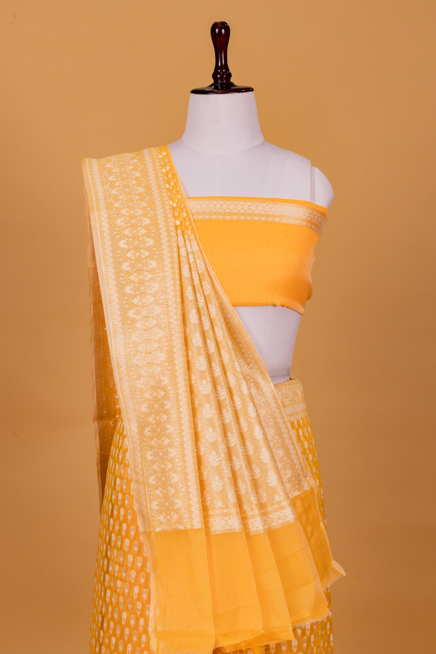 Yellow Banarasi Cotton Cutwork Saree