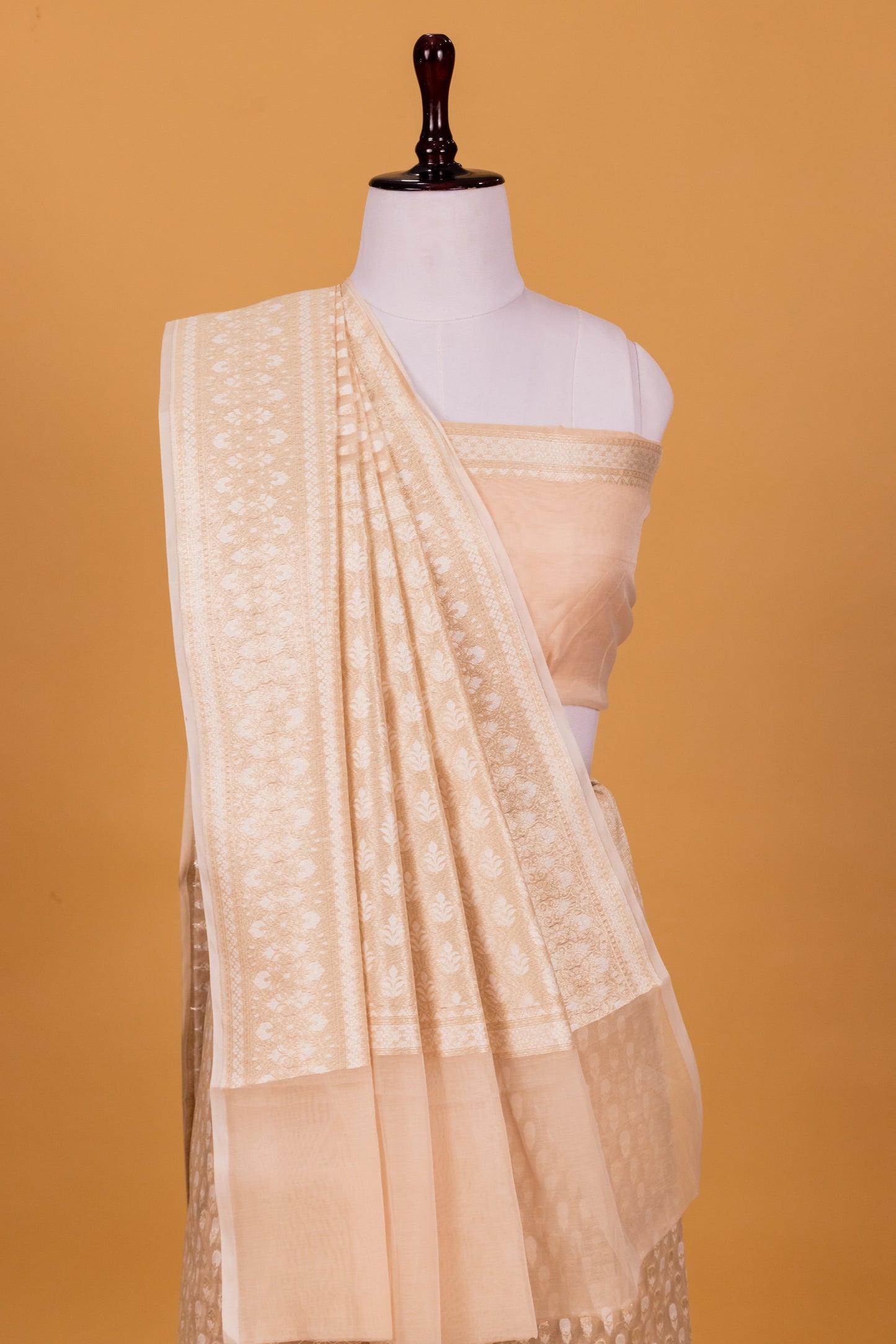 Beige Banarasi Cotton Cutwork Saree