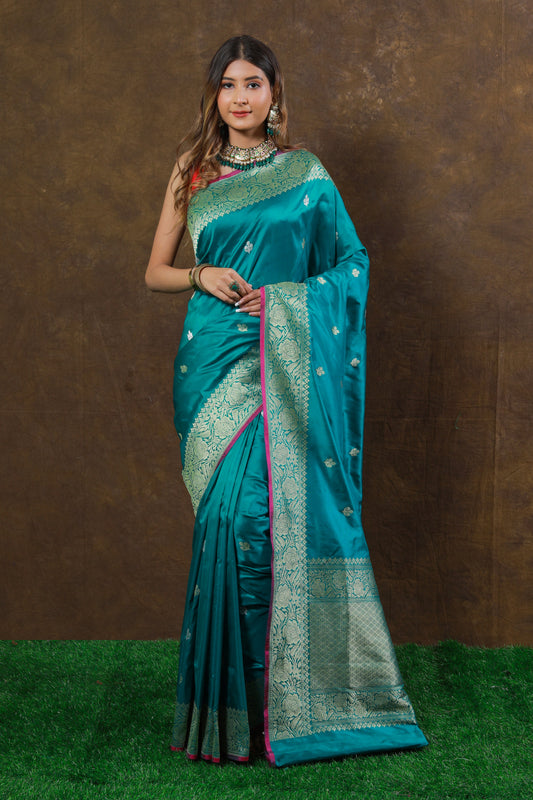 Teal Handwoven Kadwa Katan Silk Saree - Panaya