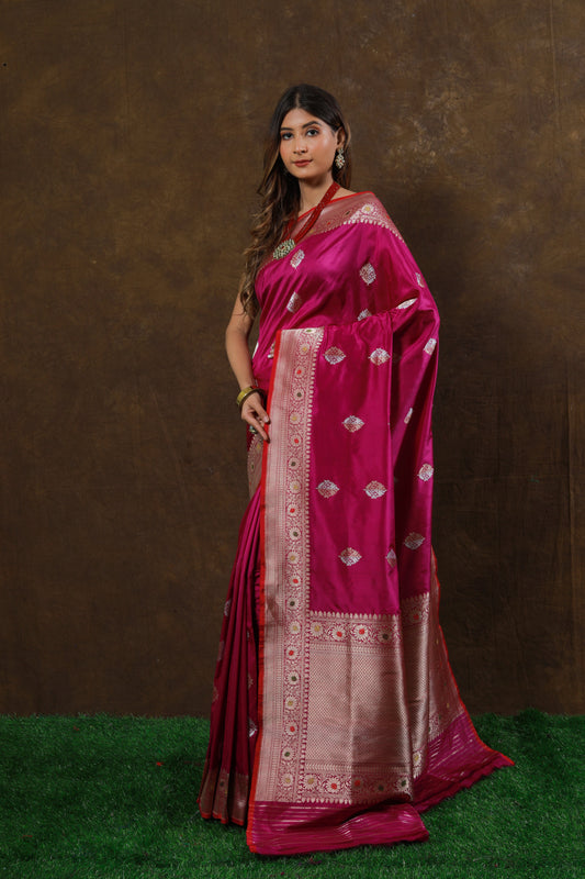 Rani Pink Handwoven Kadwa Katan Silk Saree - Panaya