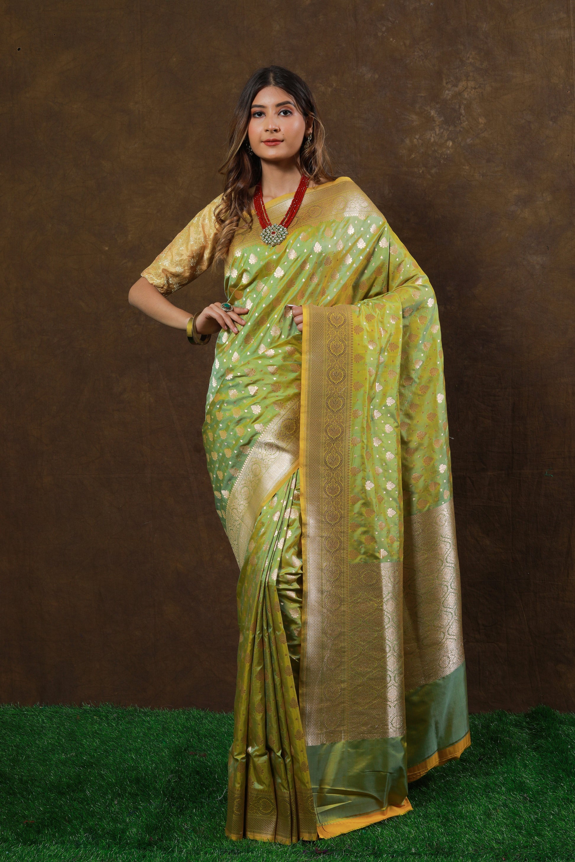 Lime Green Handwoven Cutwork Katan Silk Saree - Panaya