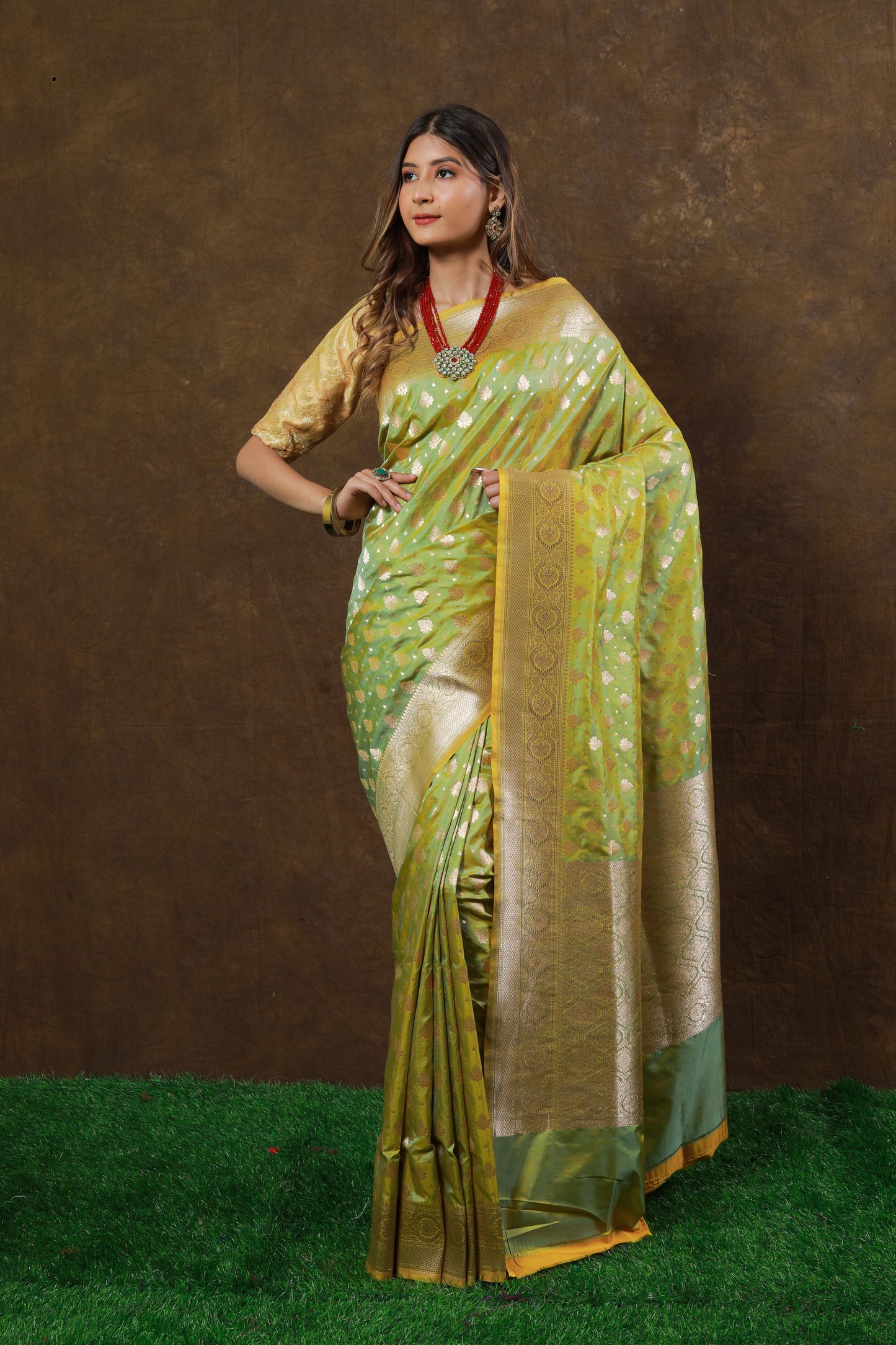 Lime Green Handwoven Cutwork Katan Silk Saree - Panaya