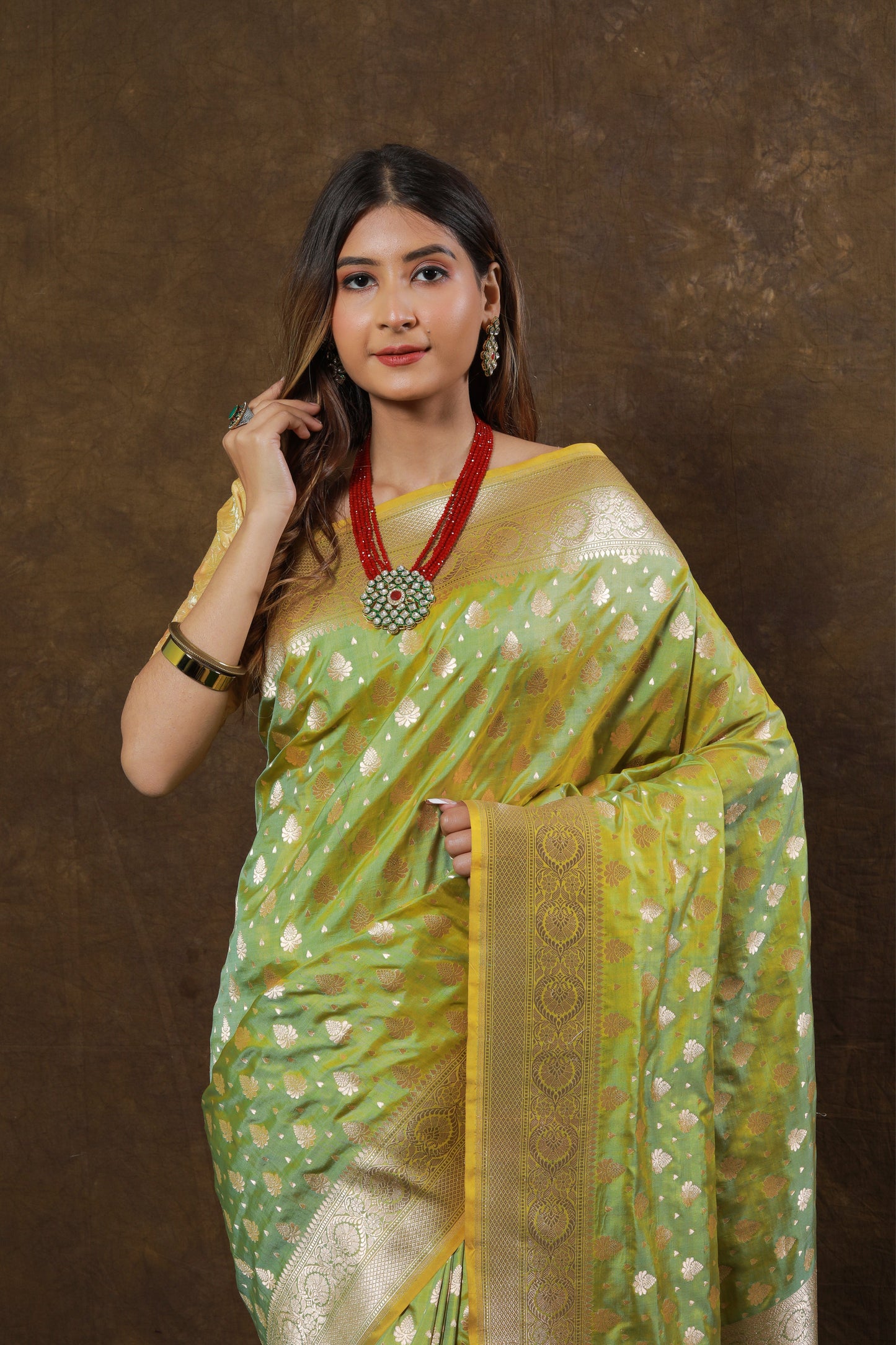 Lime Green Handwoven Cutwork Katan Silk Saree - Panaya