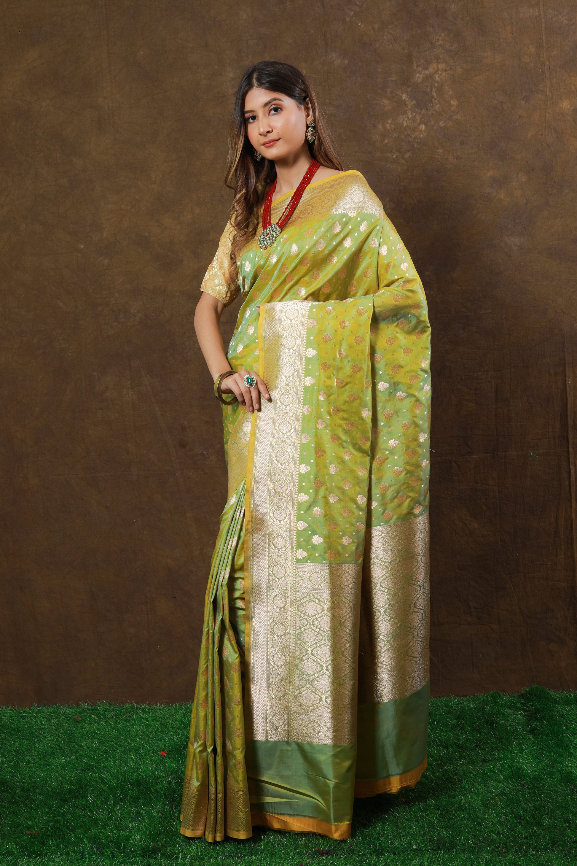 Lime Green Handwoven Cutwork Katan Silk Saree - Panaya