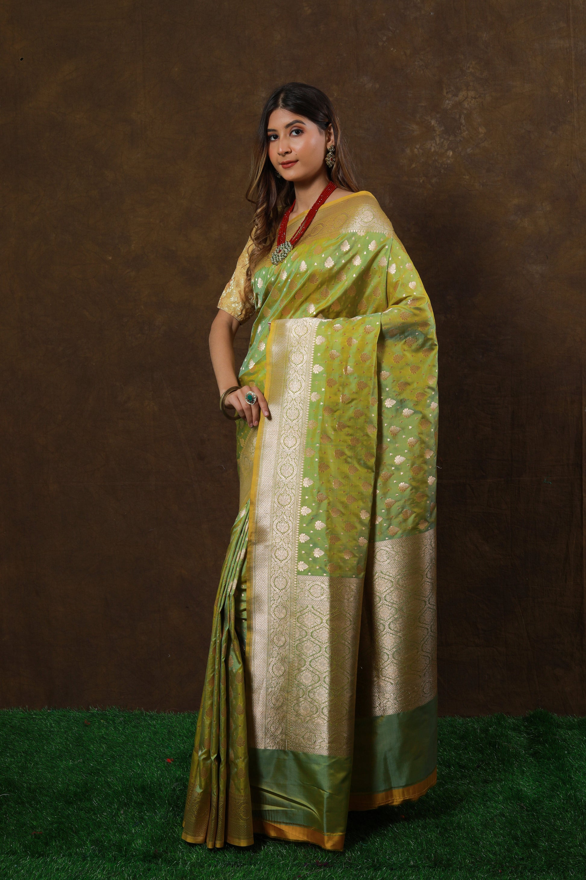 Lime Green Handwoven Cutwork Katan Silk Saree - Panaya