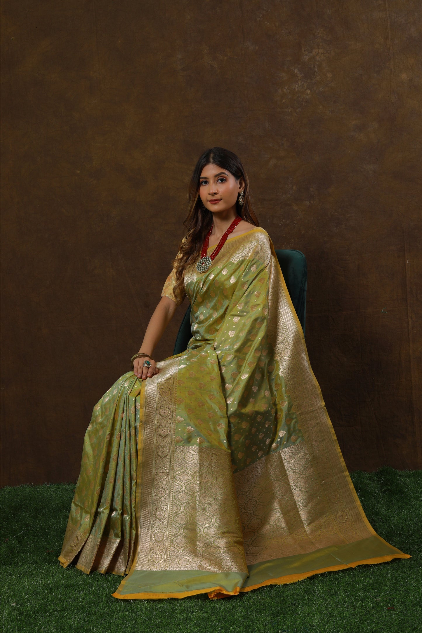 Lime Green Handwoven Cutwork Katan Silk Saree - Panaya