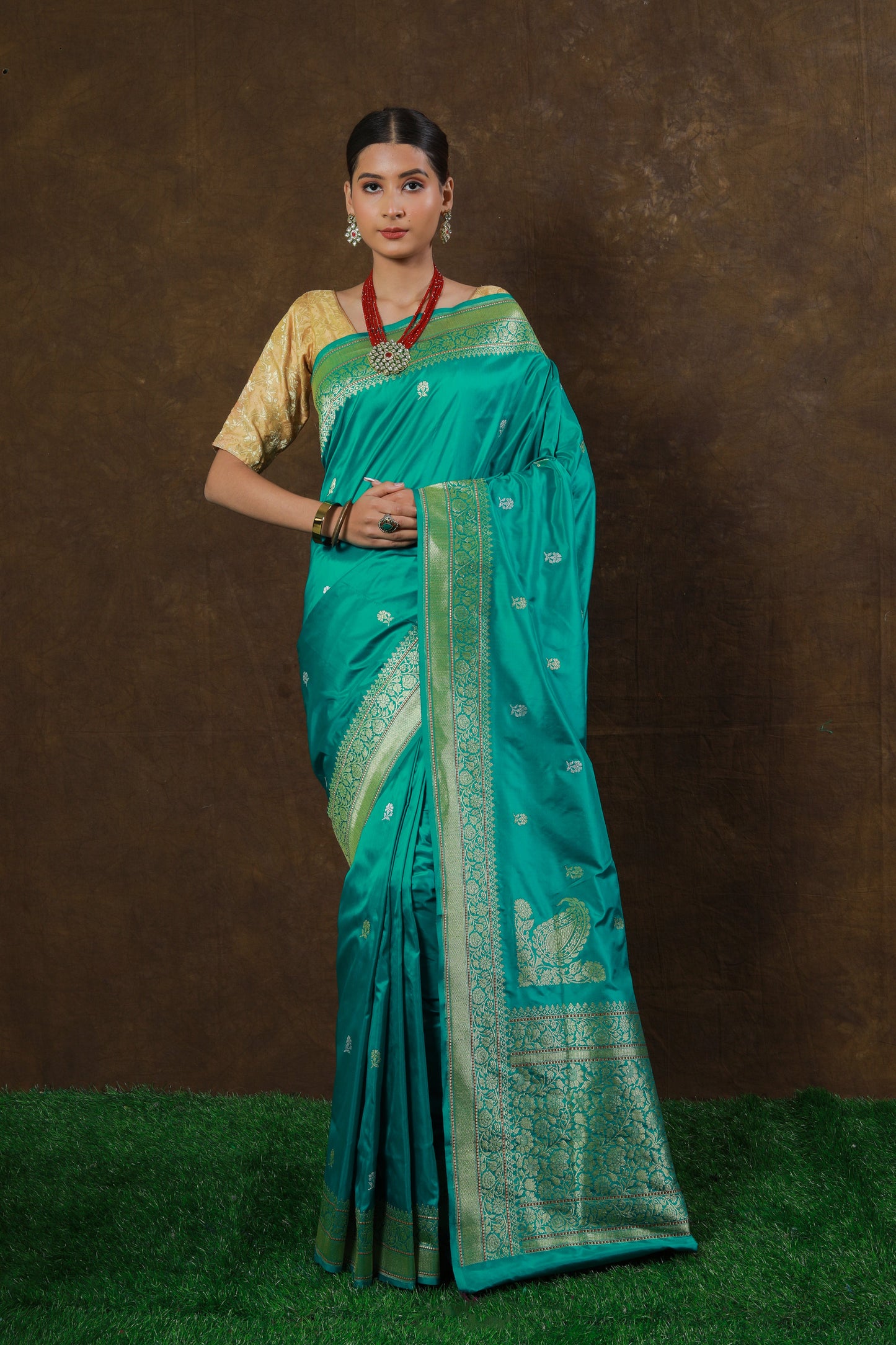 Mint Handwoven Kadwa Katan Silk Saree - Panaya