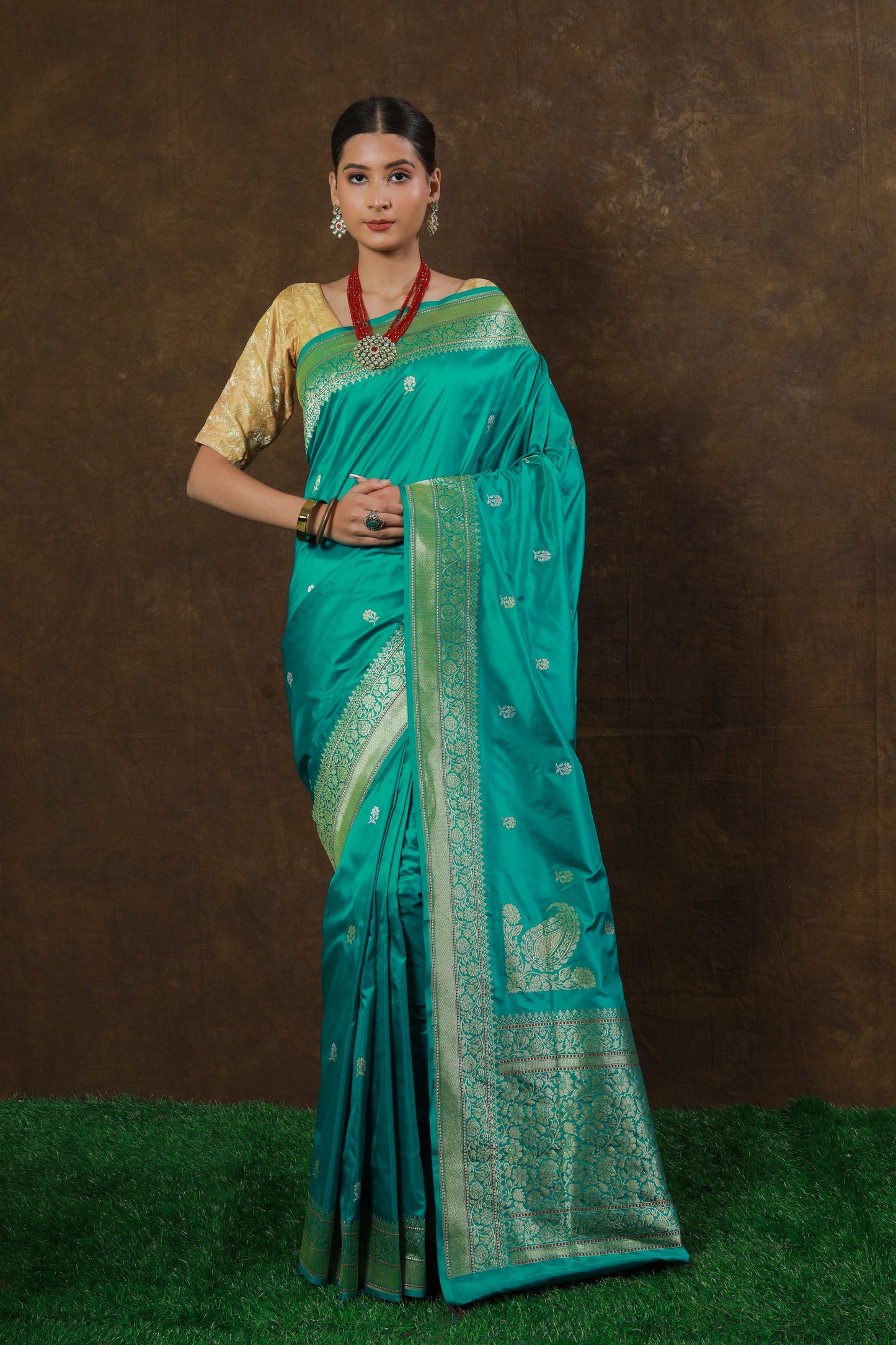 Mint Handwoven Kadwa Katan Silk Saree - Panaya