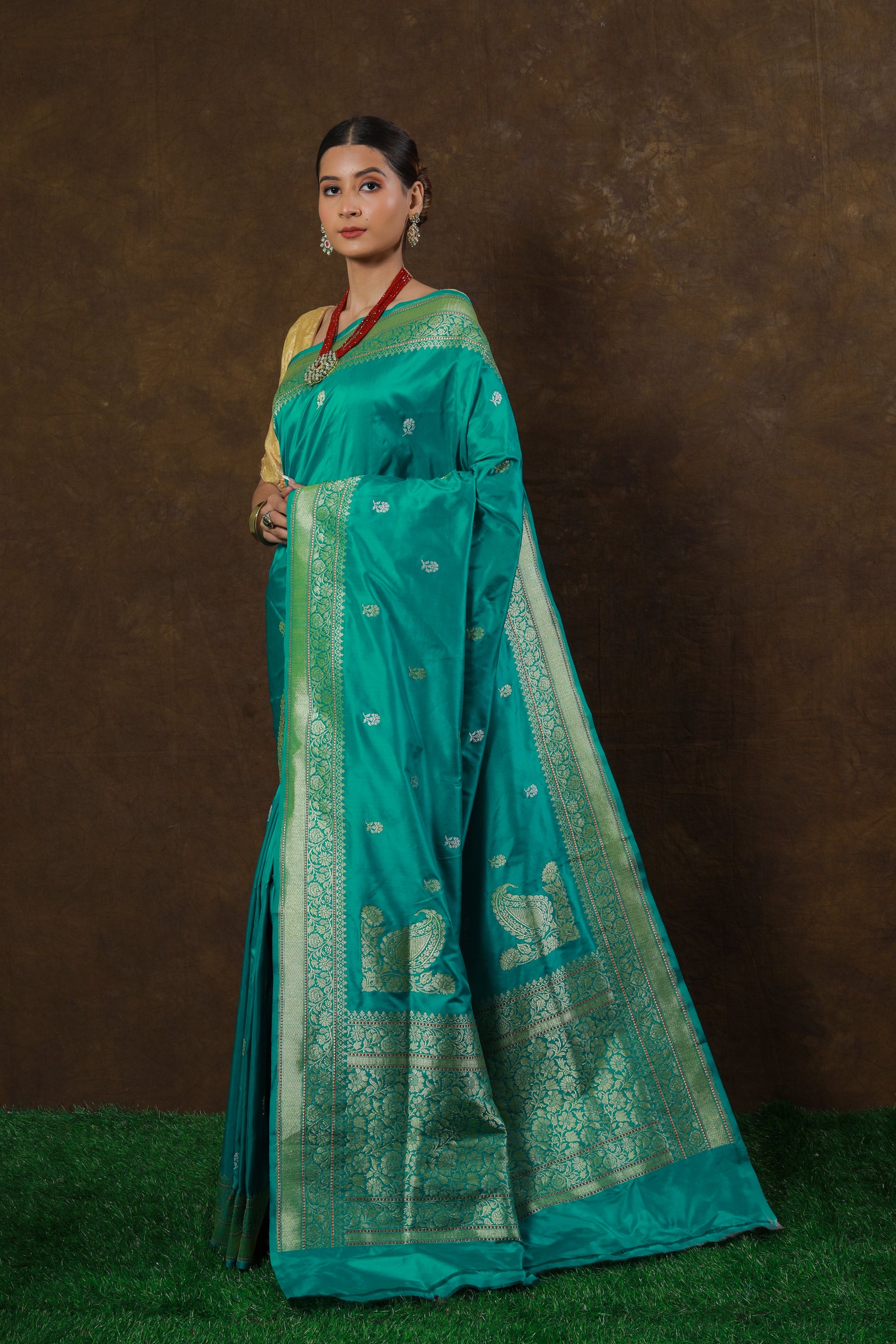 Mint Handwoven Kadwa Katan Silk Saree - Panaya