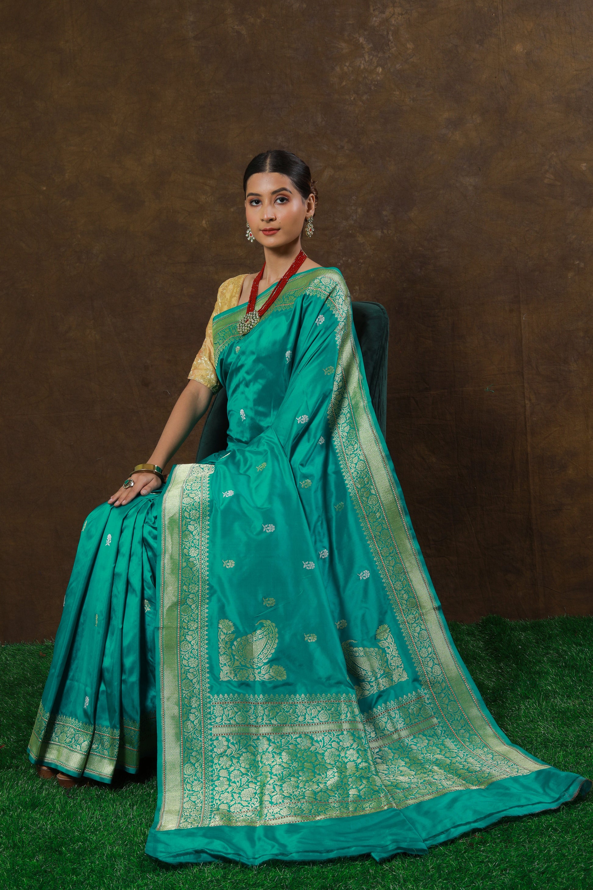 Mint Handwoven Kadwa Katan Silk Saree - Panaya