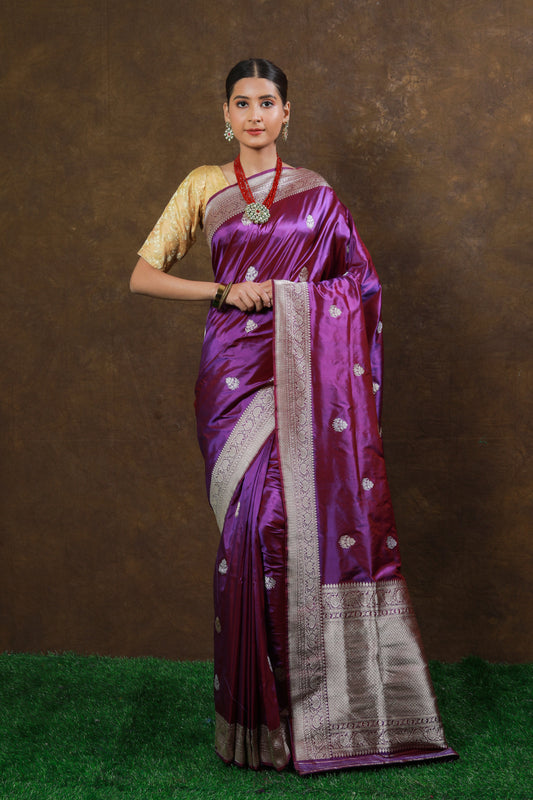 Purple Handwoven Kadwa Katan Silk Saree - Panaya