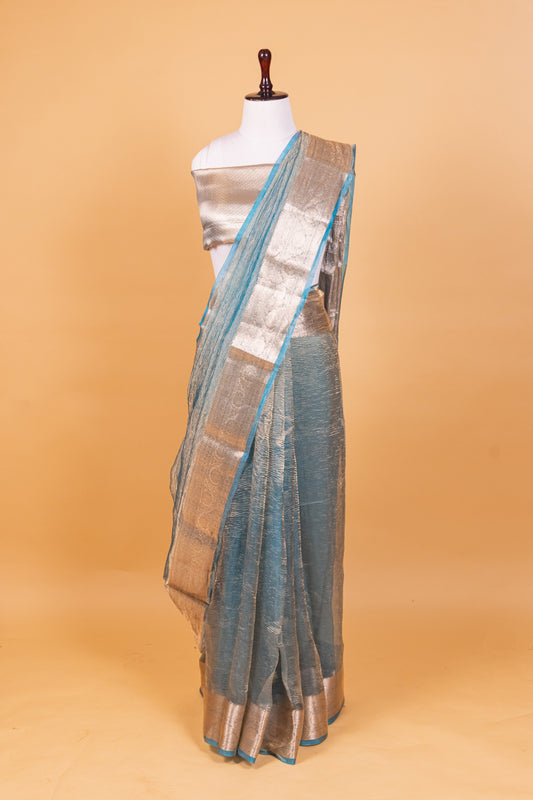 Turquoise blue Tissue Pure Silk Dyed Saree - Panaya