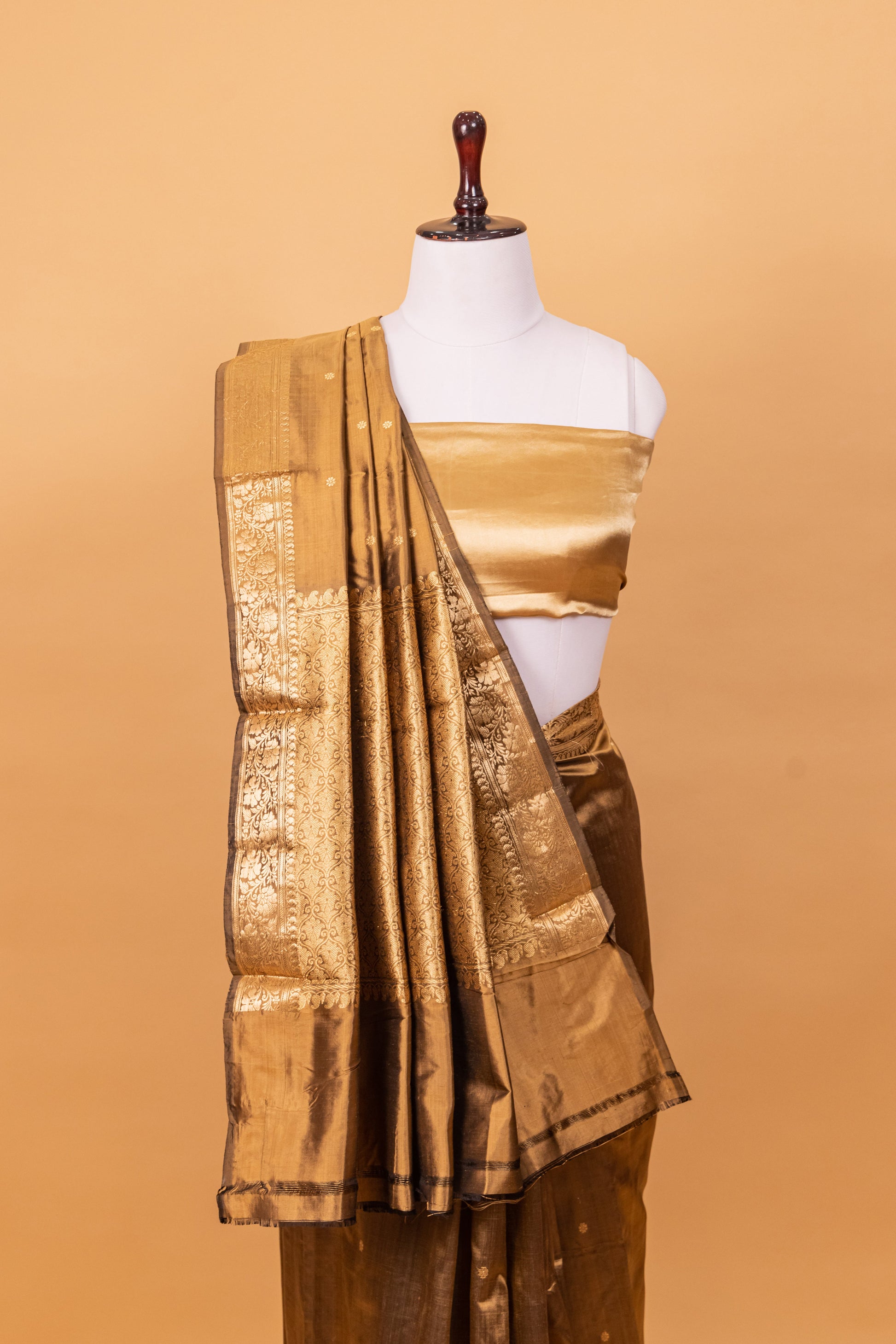 Khaki Katan Pure Silk Kadhwa Saree - Panaya