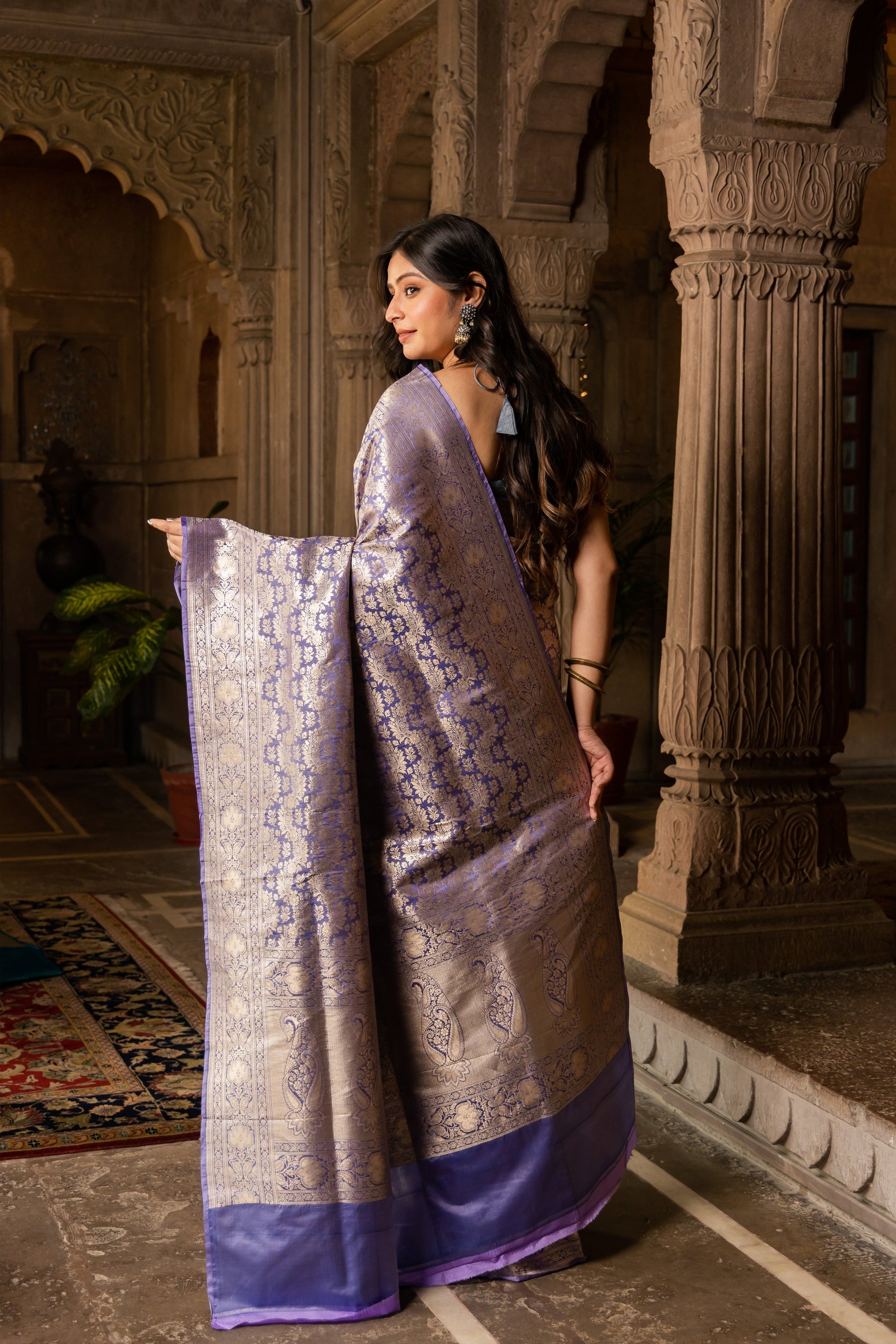 Lavender Handwoven Brocade Katan Silk Saree - Panaya