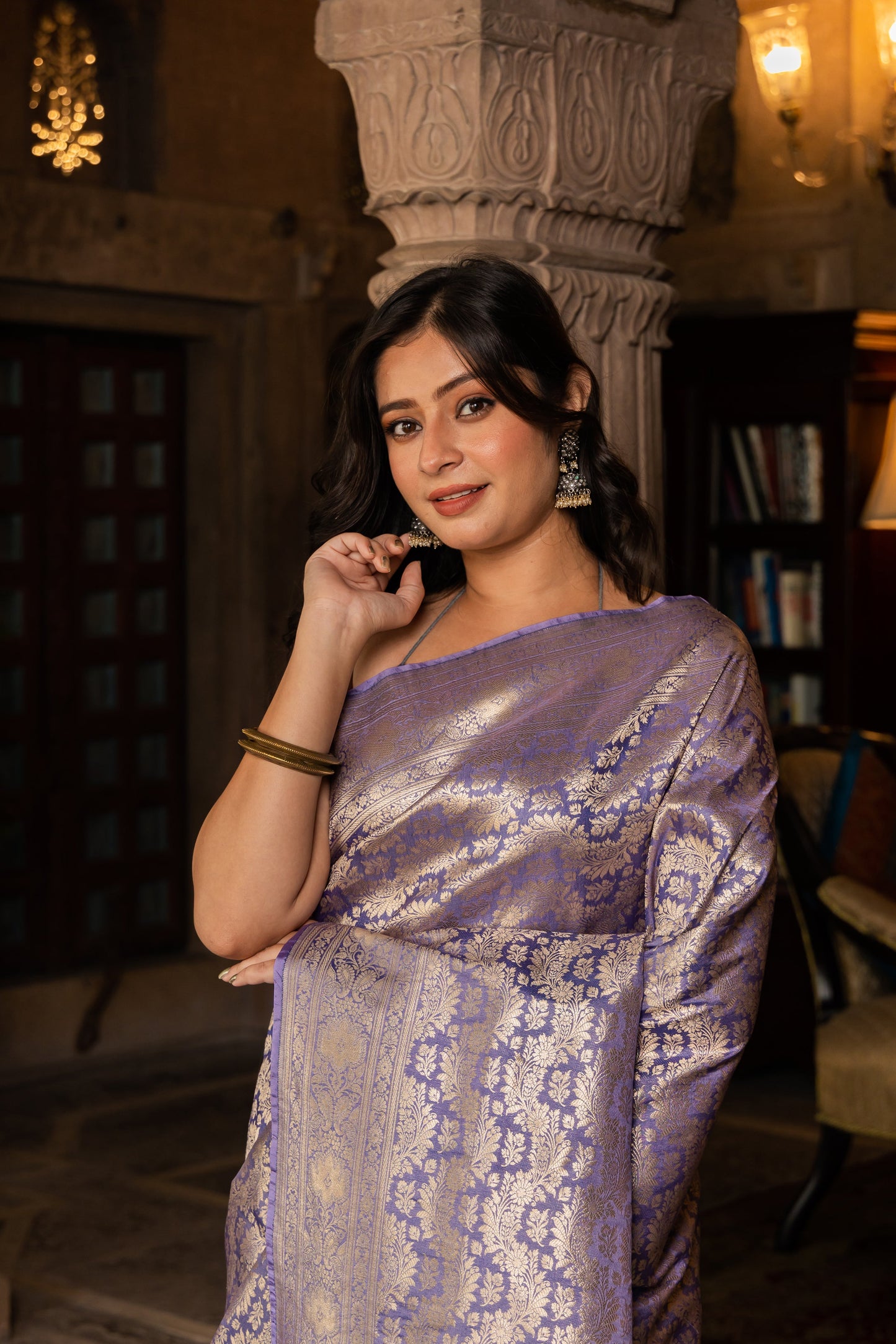 Lavender Handwoven Brocade Katan Silk Saree - Panaya