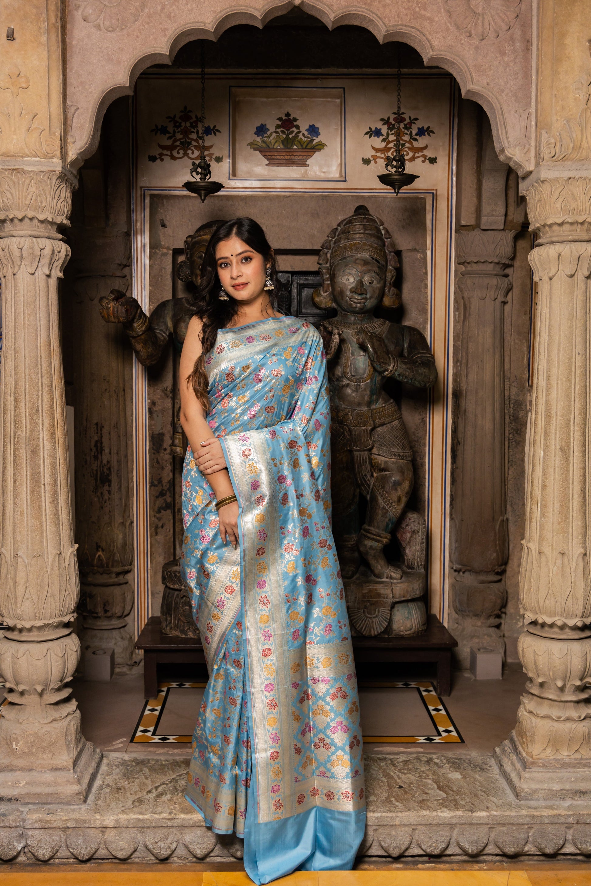 Light Blue Handwoven Cutwork Katan Silk Saree - Panaya