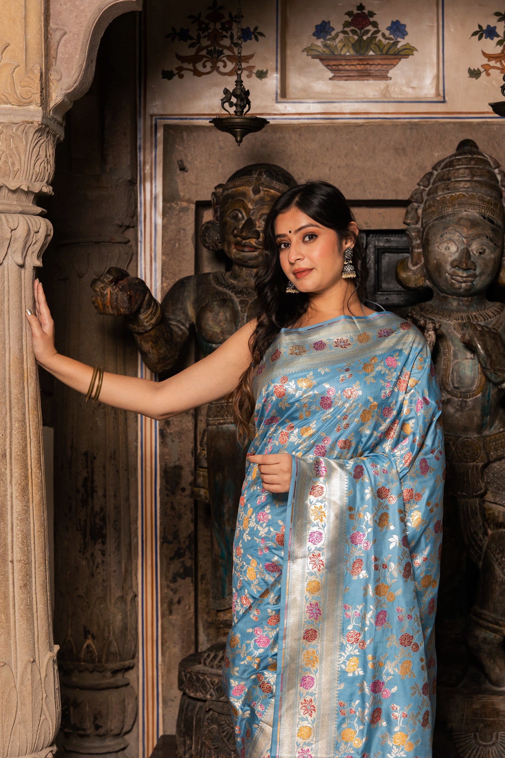 Light Blue Handwoven Cutwork Katan Silk Saree - Panaya