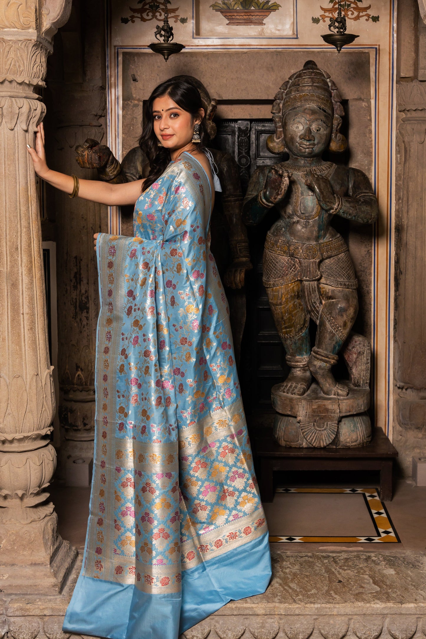 Light Blue Handwoven Cutwork Katan Silk Saree - Panaya