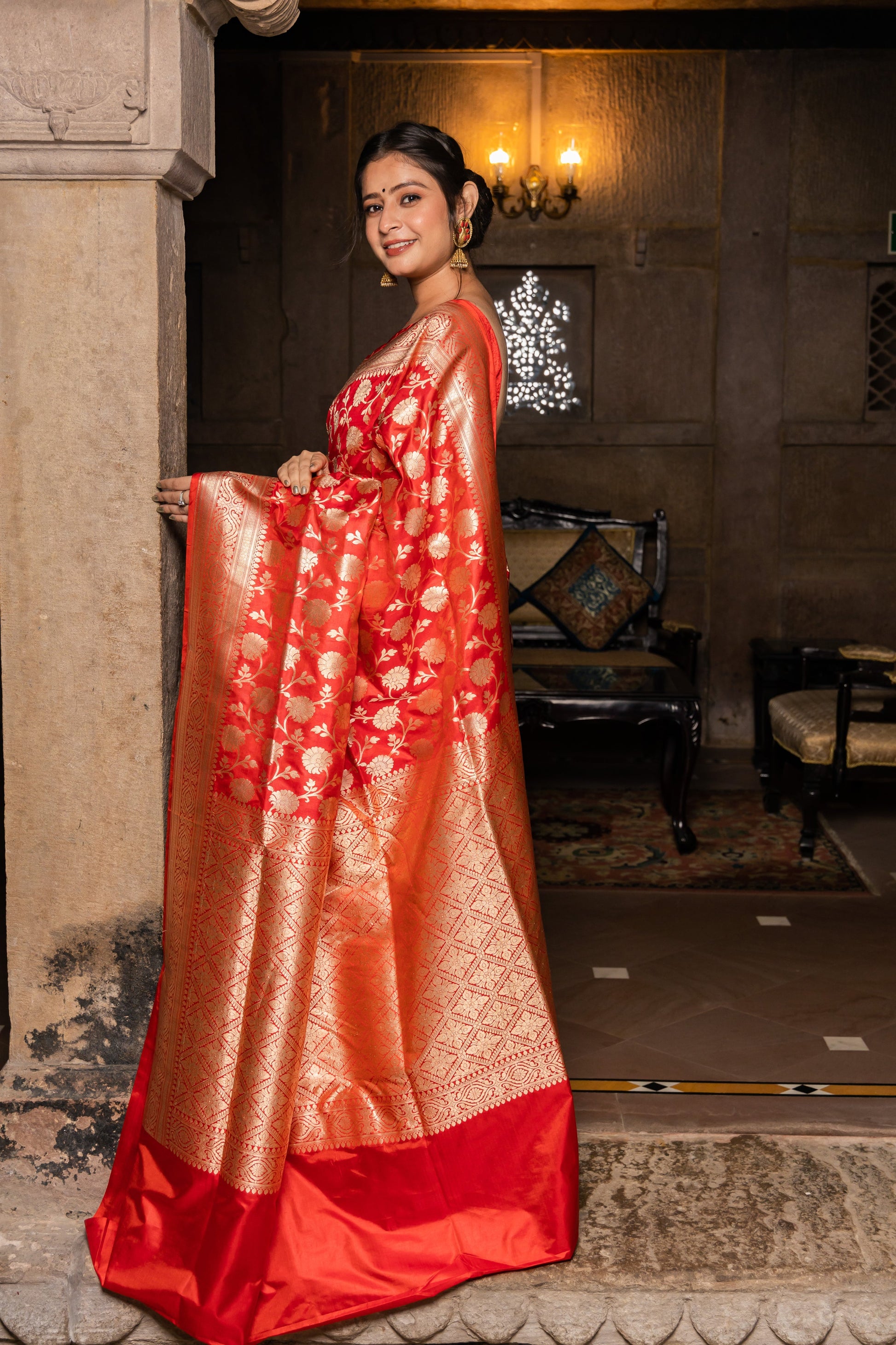 Red Handwoven Cutwork Katan Silk Saree - Panaya