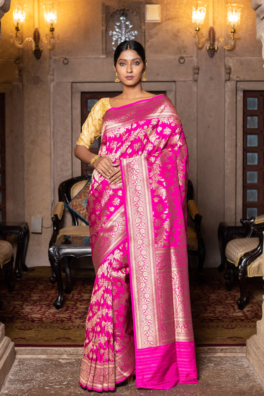 Pink Handwoven Cutwork Katan Silk Saree - Panaya