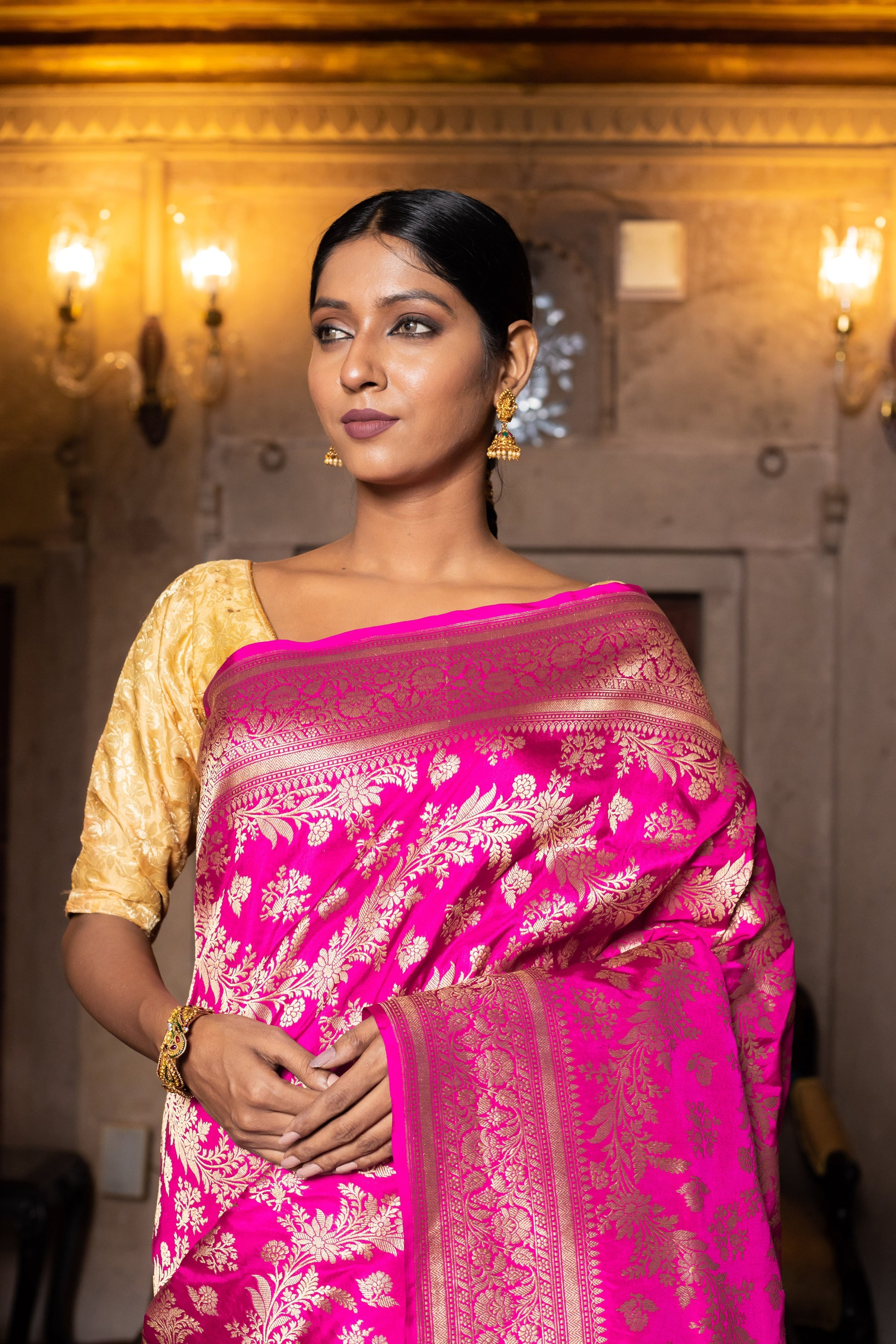 Pink Handwoven Cutwork Katan Silk Saree - Panaya