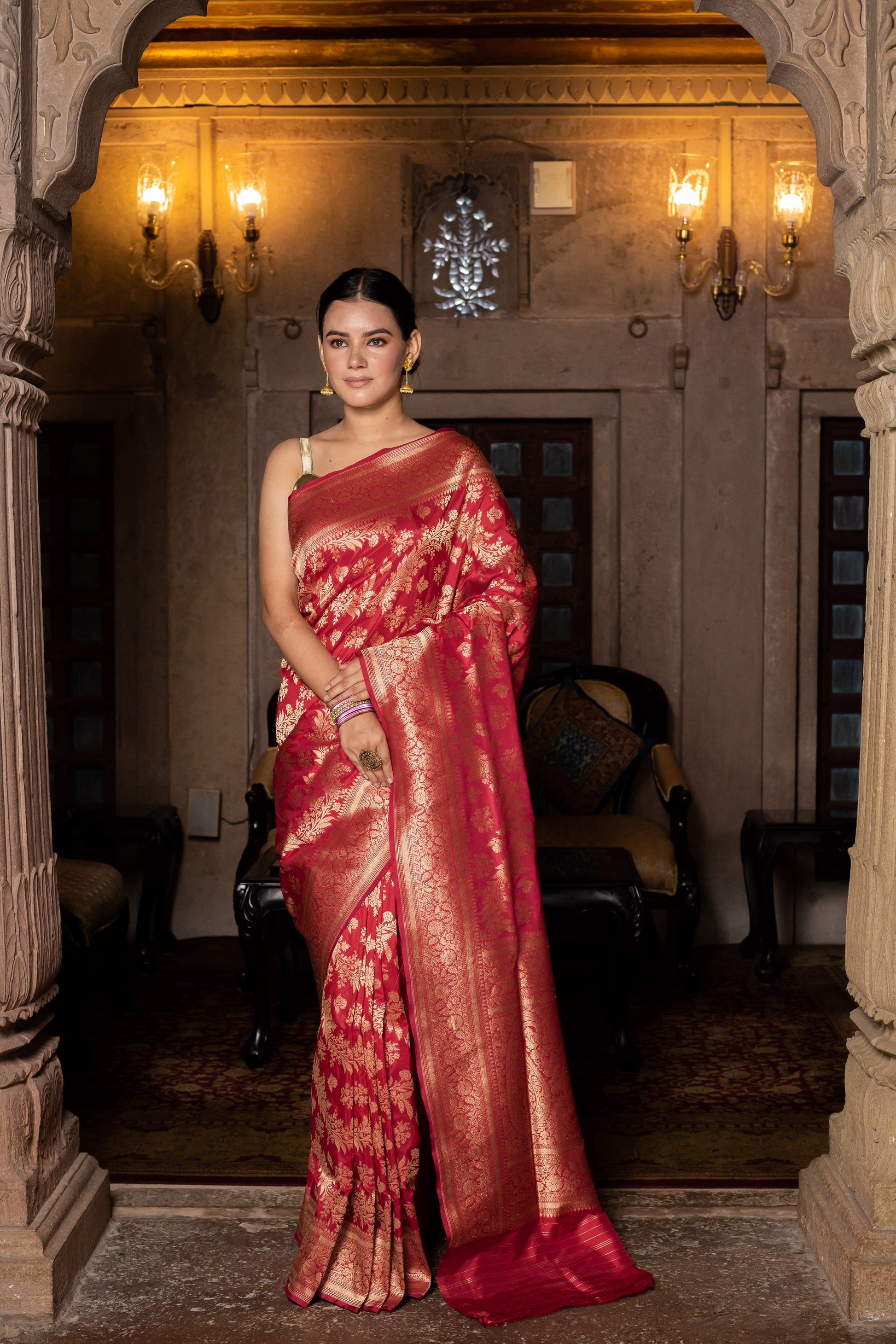 Cherry Red Handwoven Cutwork Katan Silk Saree - Panaya